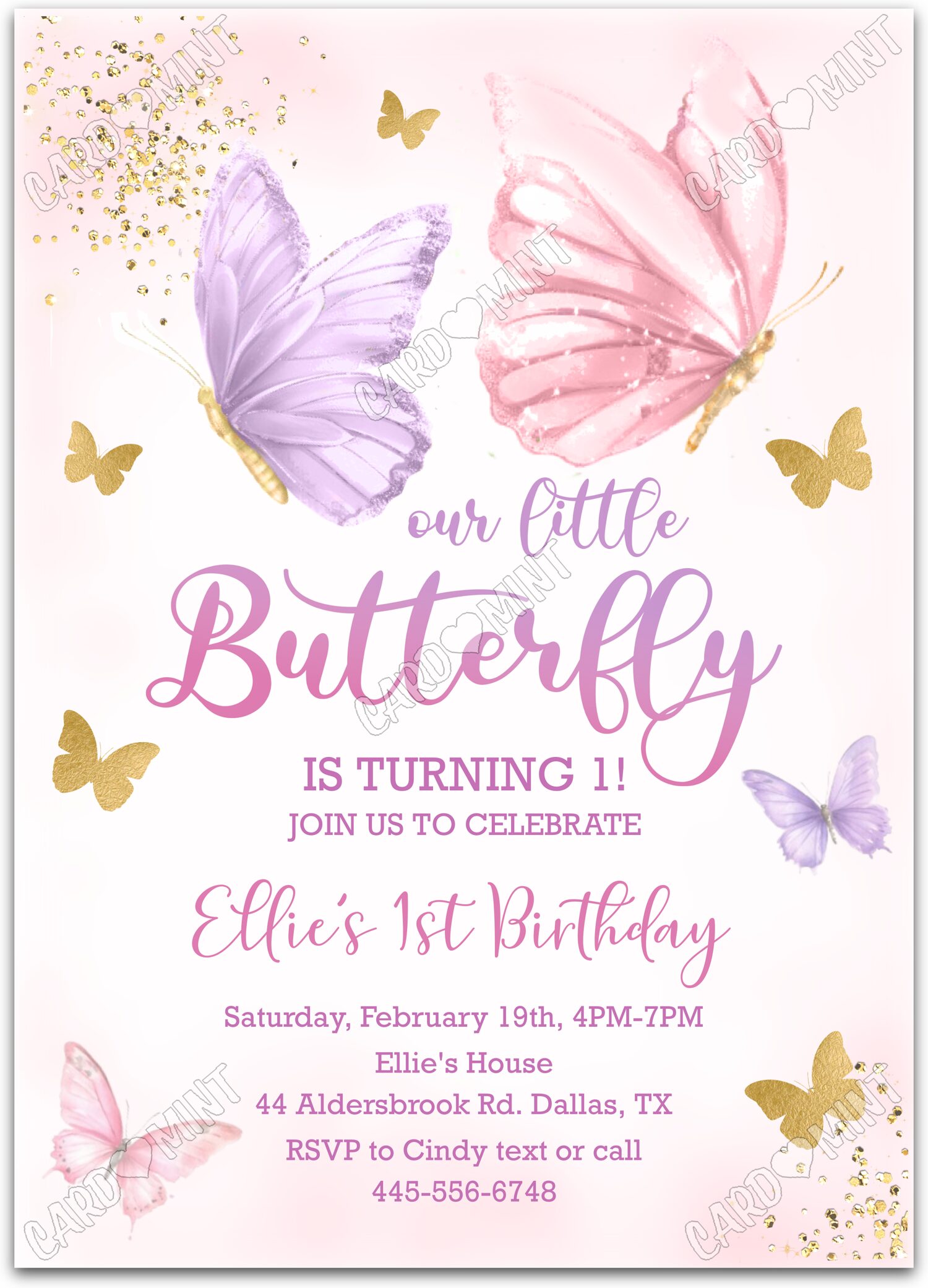 Editable Our Little Butterfly pink butterflies girl First Birthday Party 5"x7" Invitation EV1568