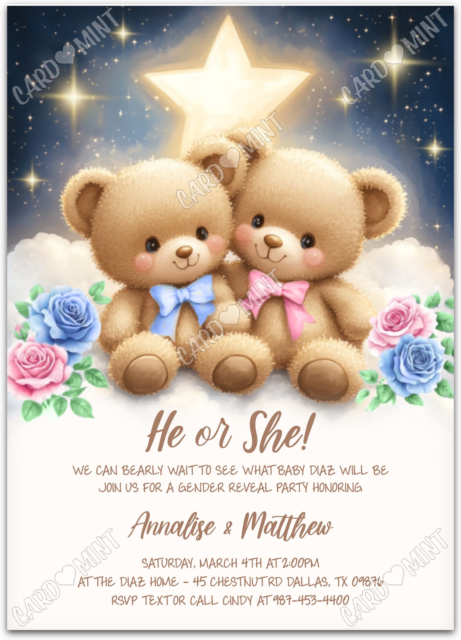 Editable He or She? beige twinkle star bears Gender Reveal 5"x7" Invitation EV1569