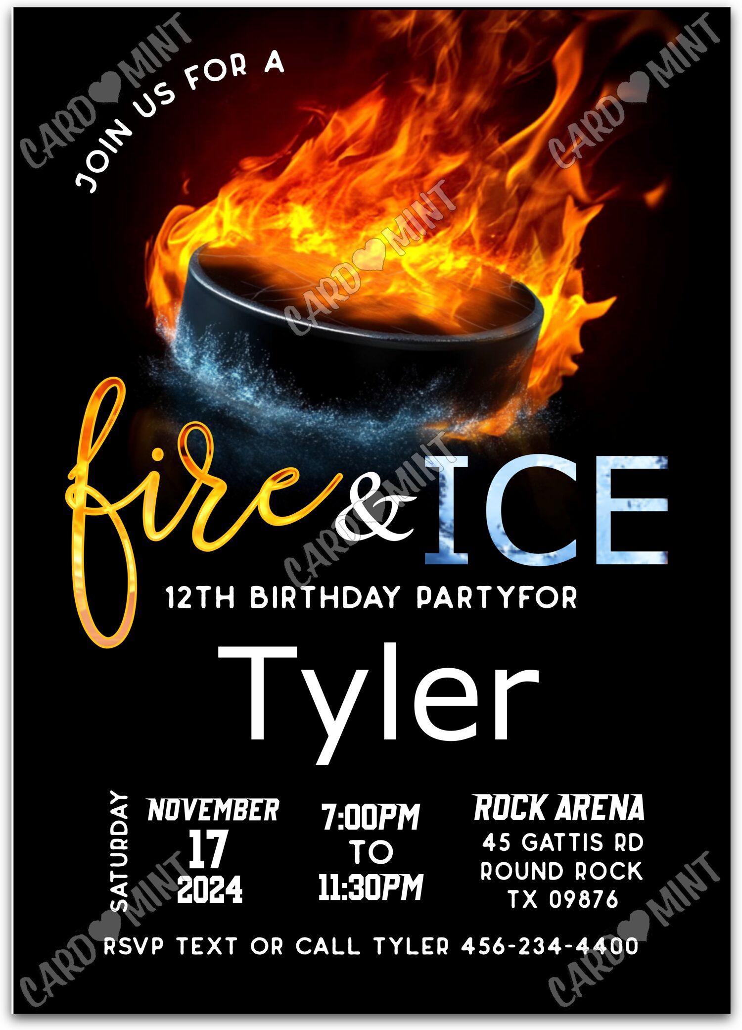 Editable Fire & Ice black hockey puck boy Birthday Party 5"x7" Invitation EV1570