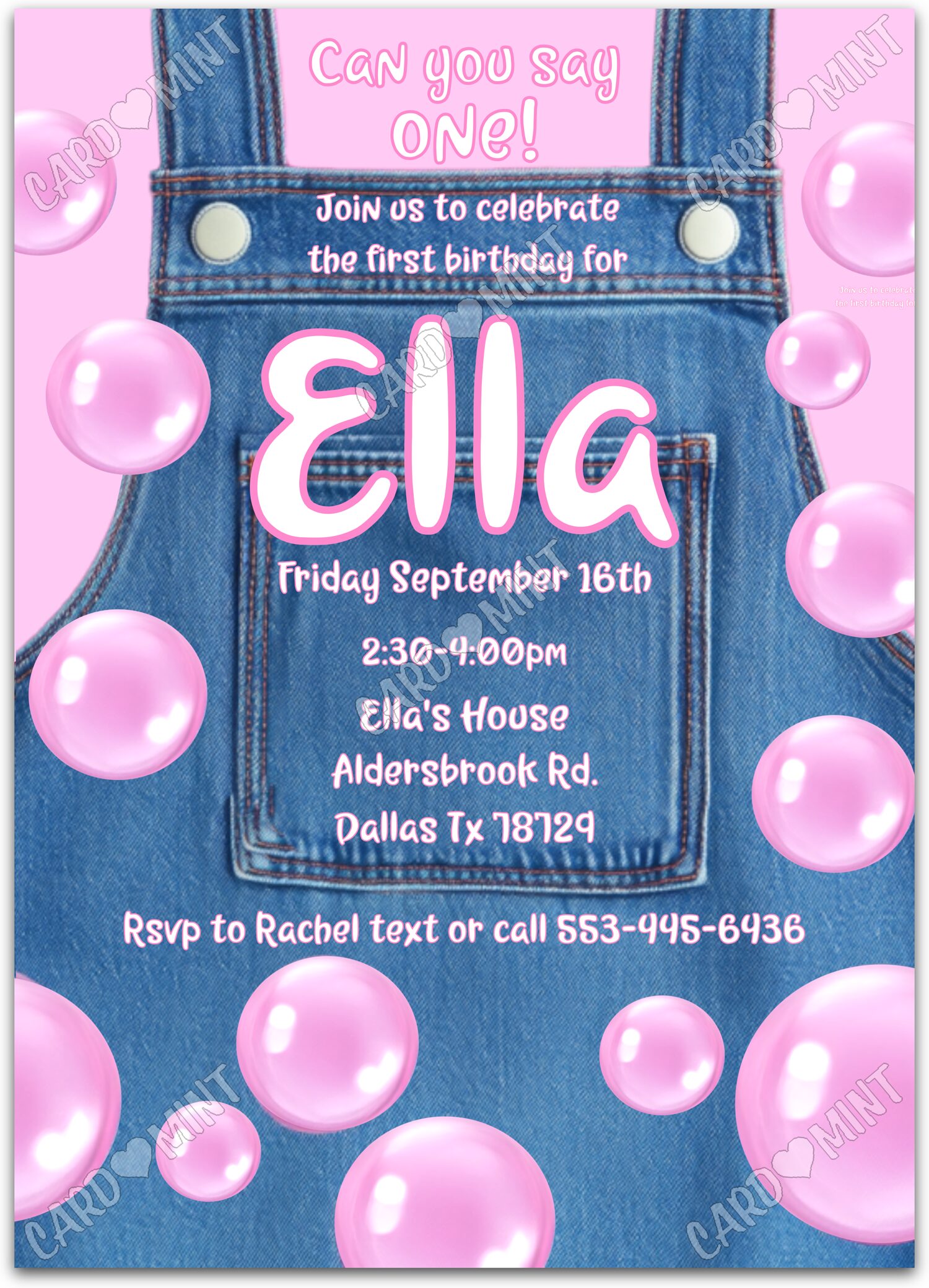 Editable Pink Bubbles pink/blue overalls girl Birthday Party 5"x7" Invitation EV1573