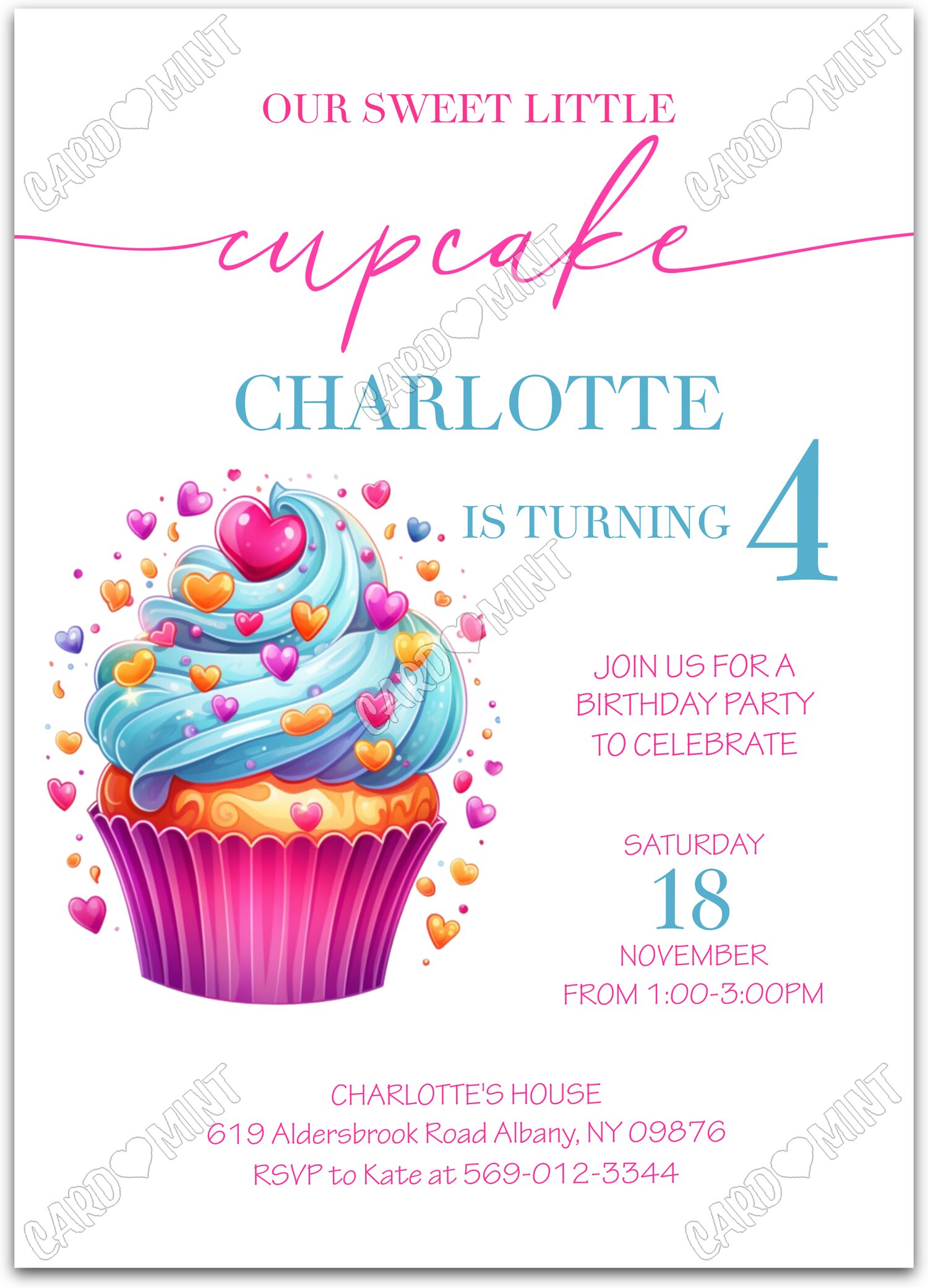 Editable Our Sweet Little Cupcake white colored hearts girl Birthday Party 5"x7" Invitation EV1574