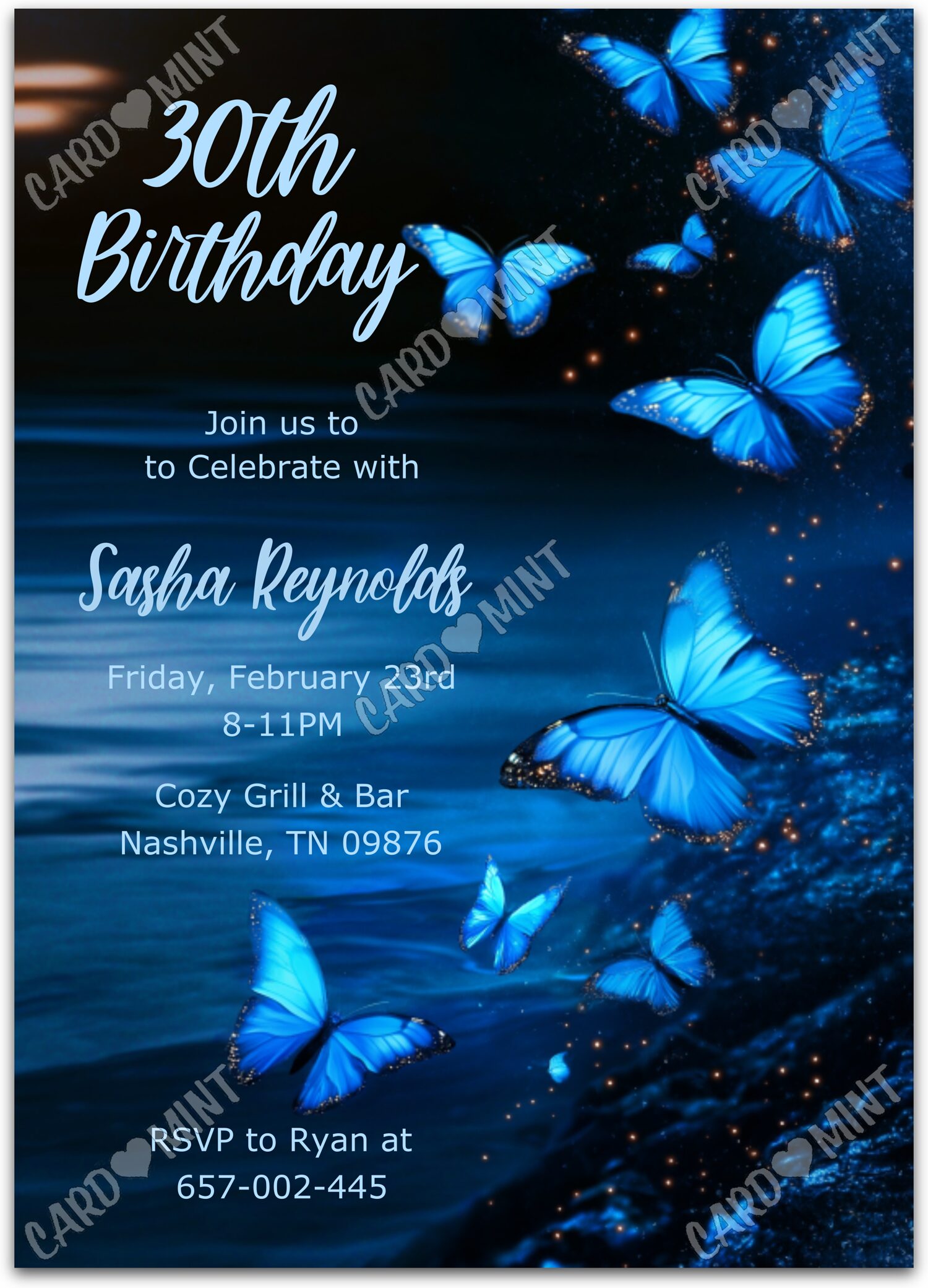 Editable Butterfly Birthday white glow butterflies girl Fête d'Anniversaire 5"x7" Invitation EV1575