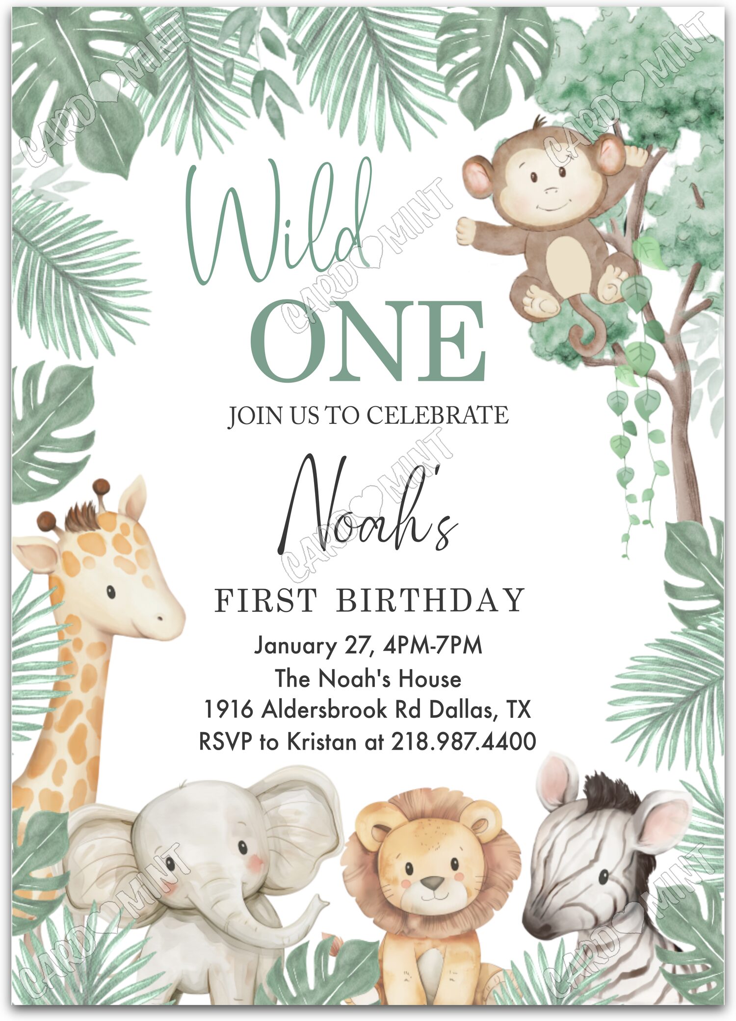 Editable Wild One white wild animals boy First Fête d'Anniversaire 5"x7" Invitation EV1576