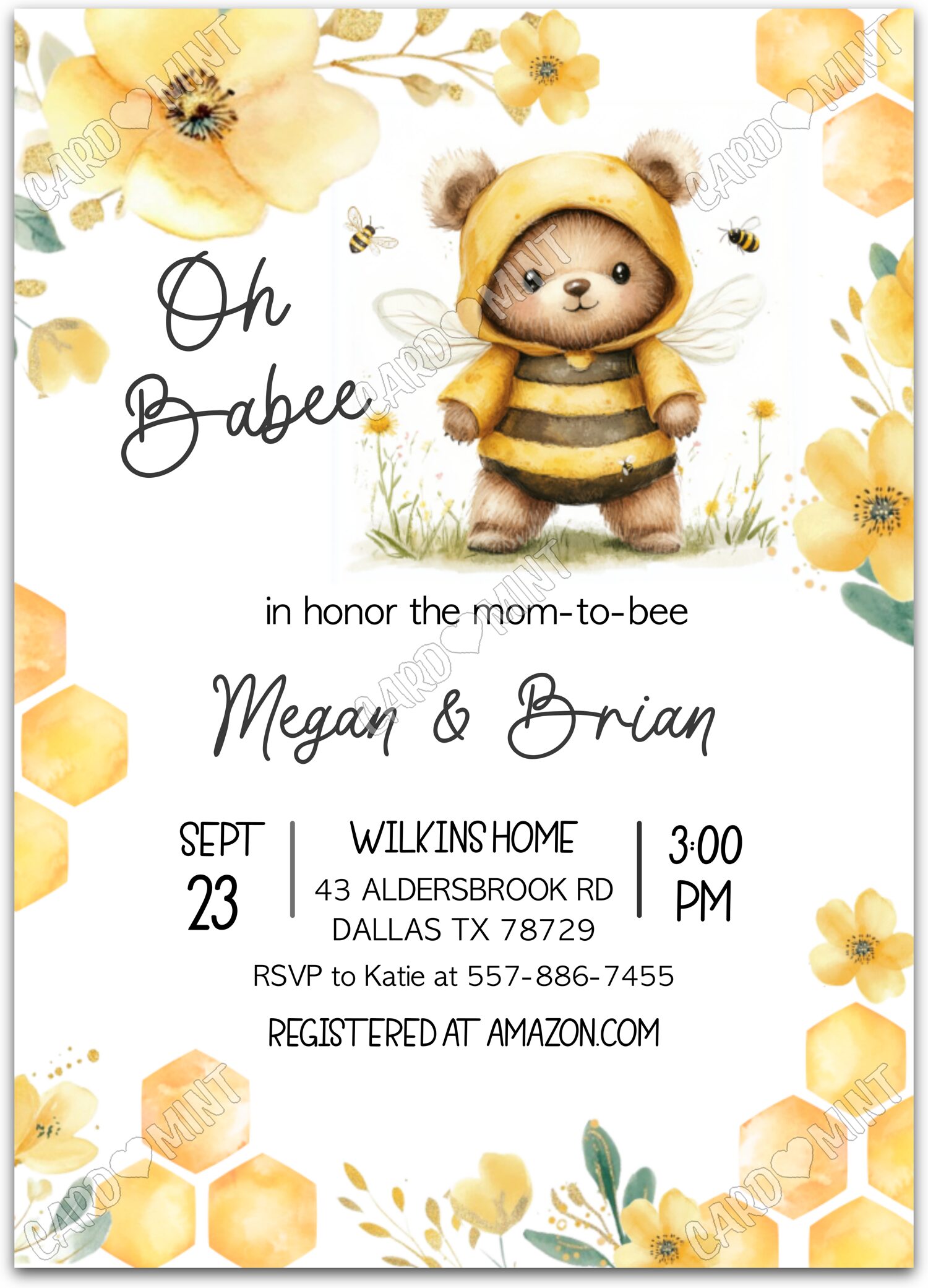 Editable Oh Babee white honey bees boy Baby Shower 5"x7" Invitation EV1577