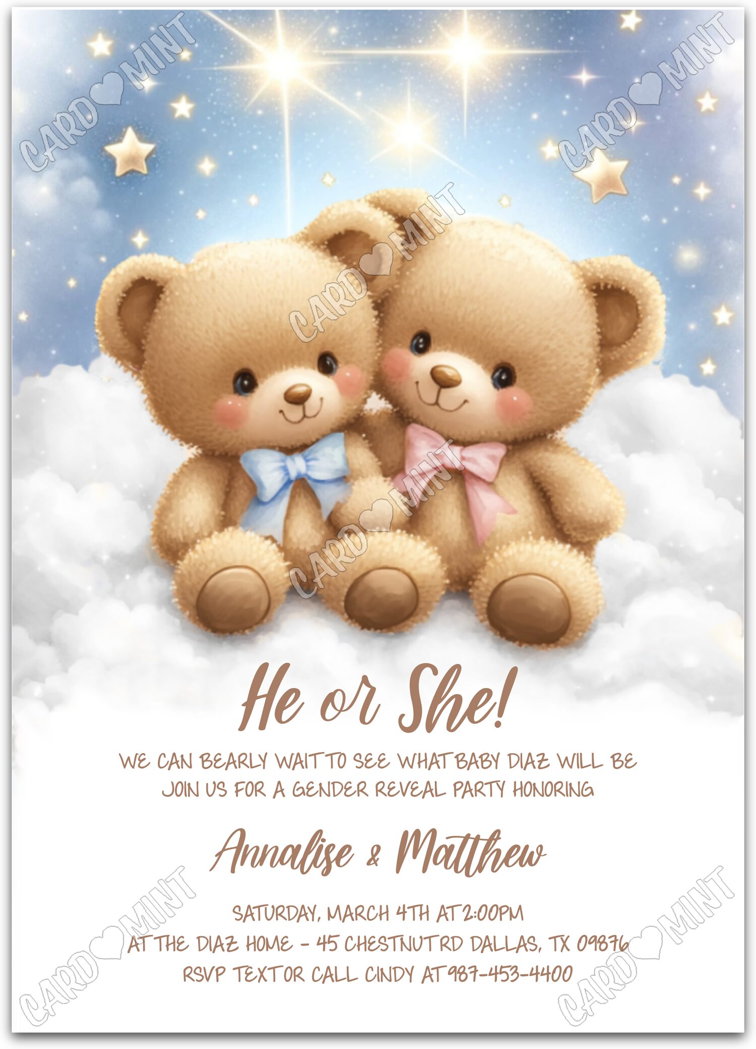 Editable He or She? white twinkle star bears Gender Reveal 5"x7" Invitation EV1578