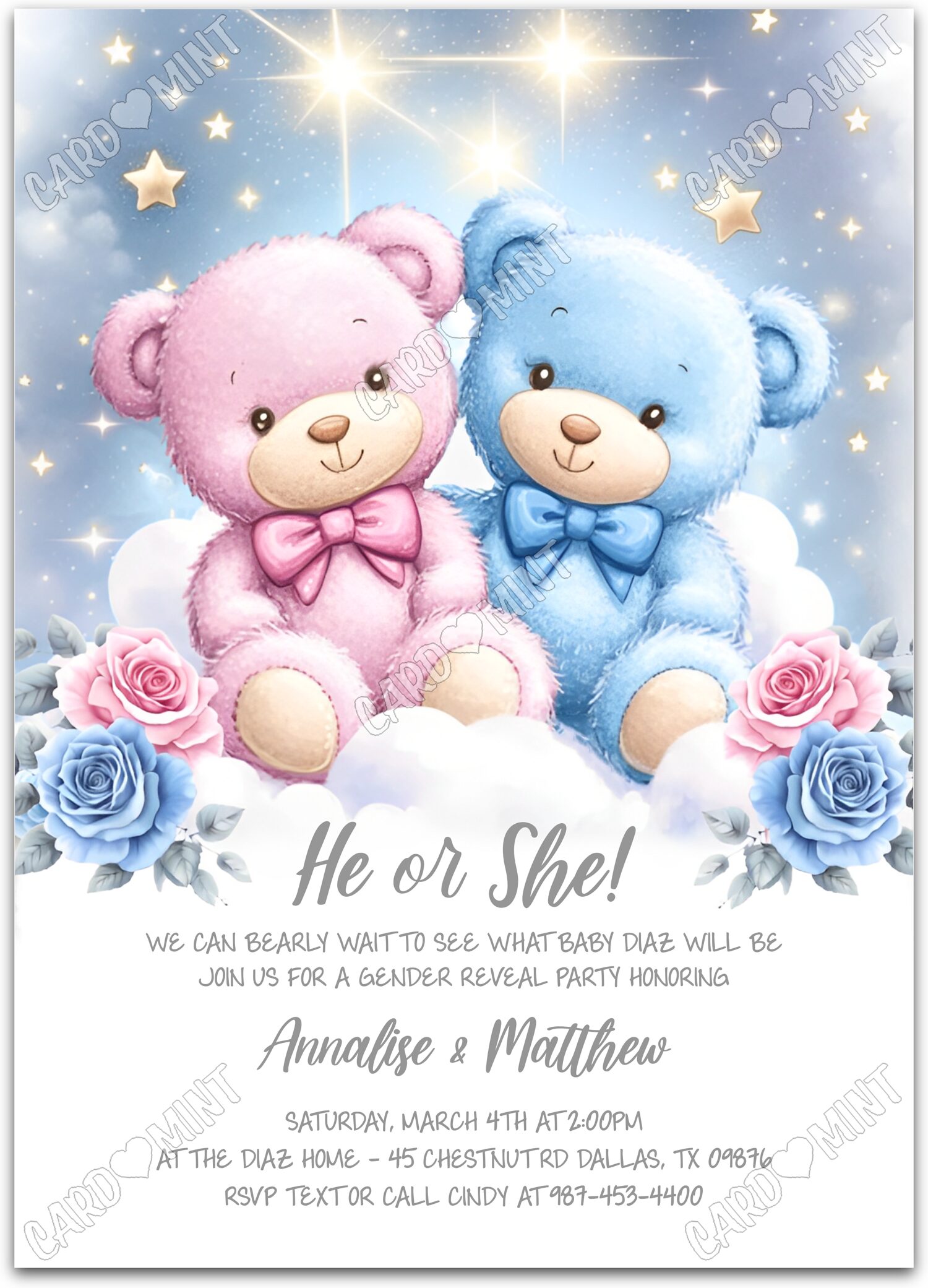 Editable He ou She? blue twinkle star bears Gender Reveal 5"x7" Invitation EV1579