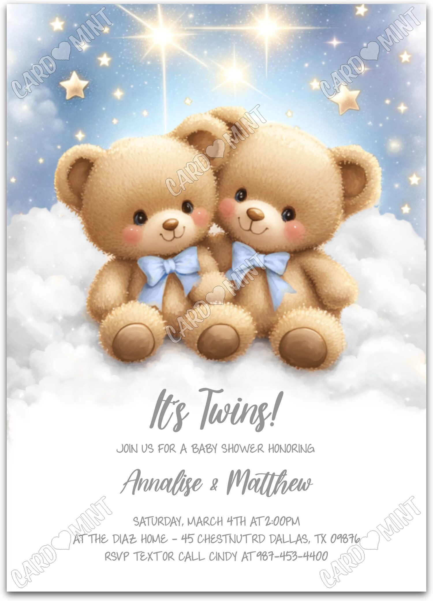 Editable It's Twins! blue twinkle star bears boy Twins Baby Shower 5"x7" Invitation EV1580