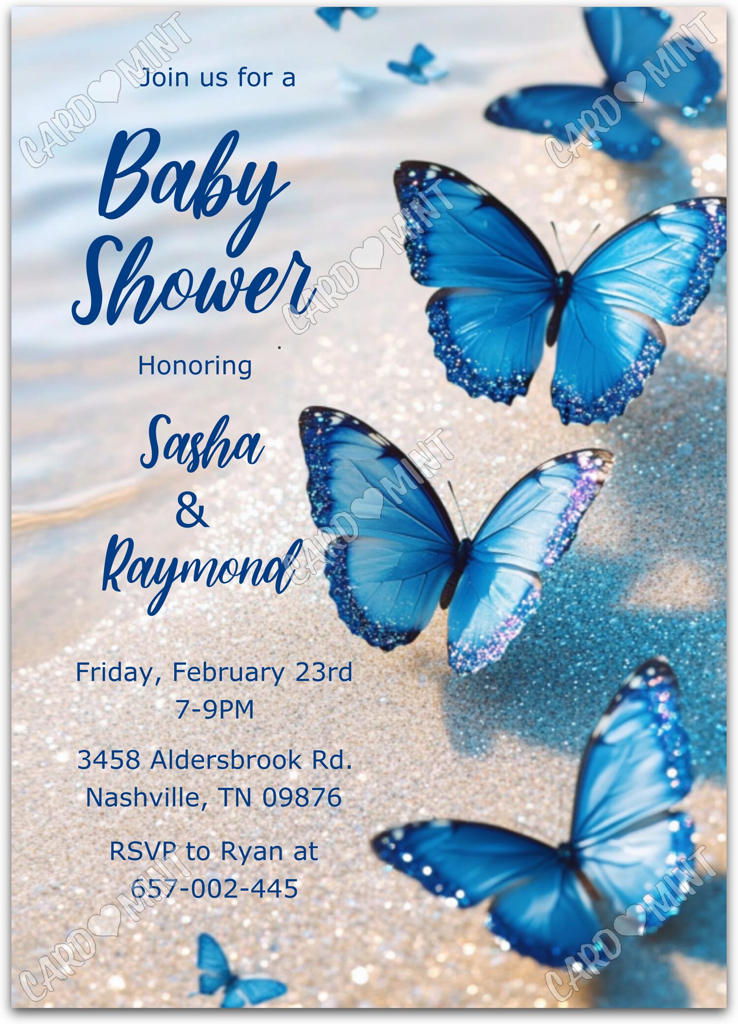 Editable Blue Butterflies beige sandy beach boy Baby Shower 5"x7" Invitation EV1582