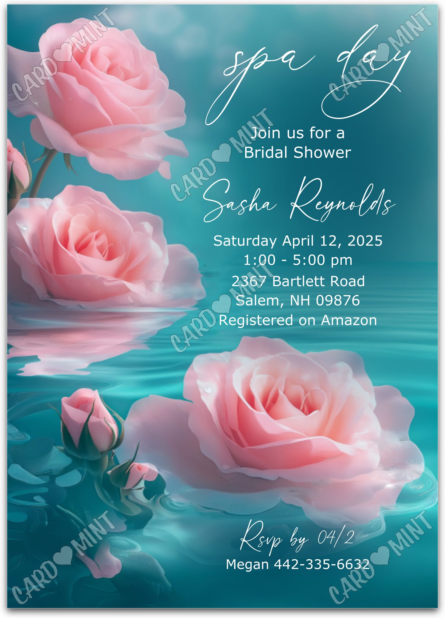 Editable Spa Day blue floating pink roses Douche nuptiale 5"x7" Invitation EV1583