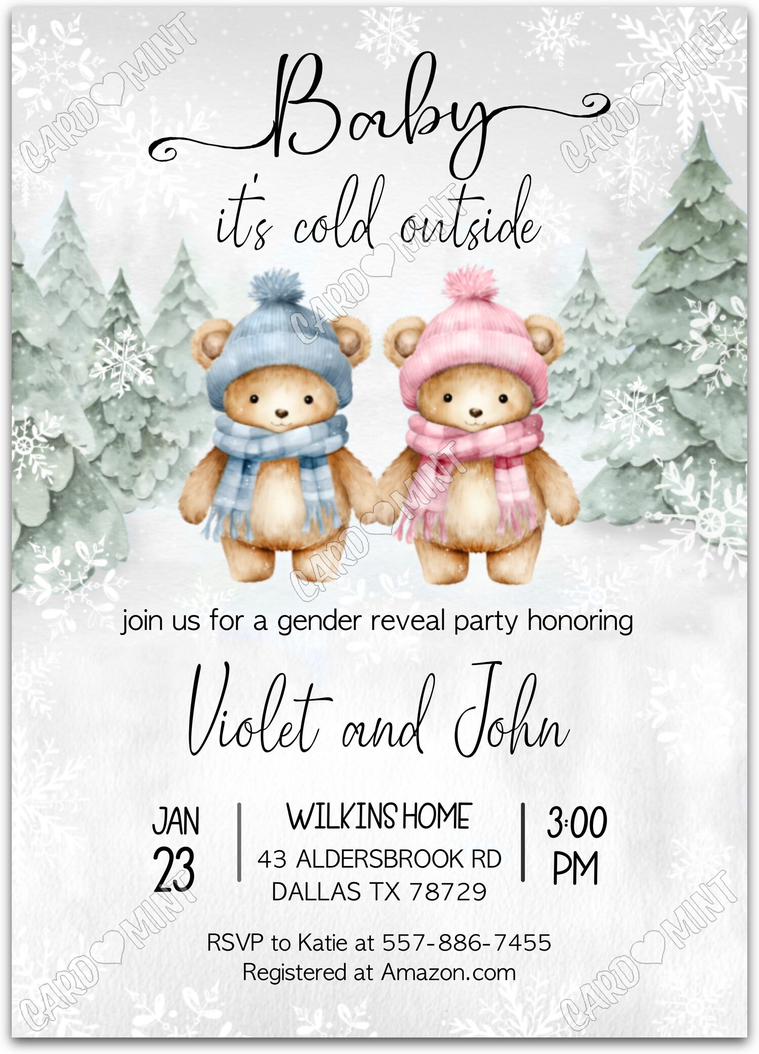 Editable Baby It's Cold Outside gray winter teddy bears Gender Reveal 5"x7" Invitation EV1585