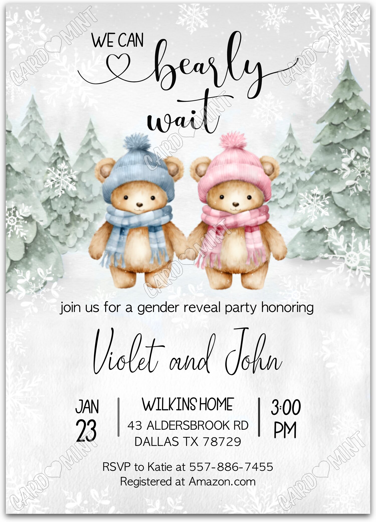 Editable Bearly Wait gray winter teddy bears winter Gender Reveal 5"x7" Invitation EV1586