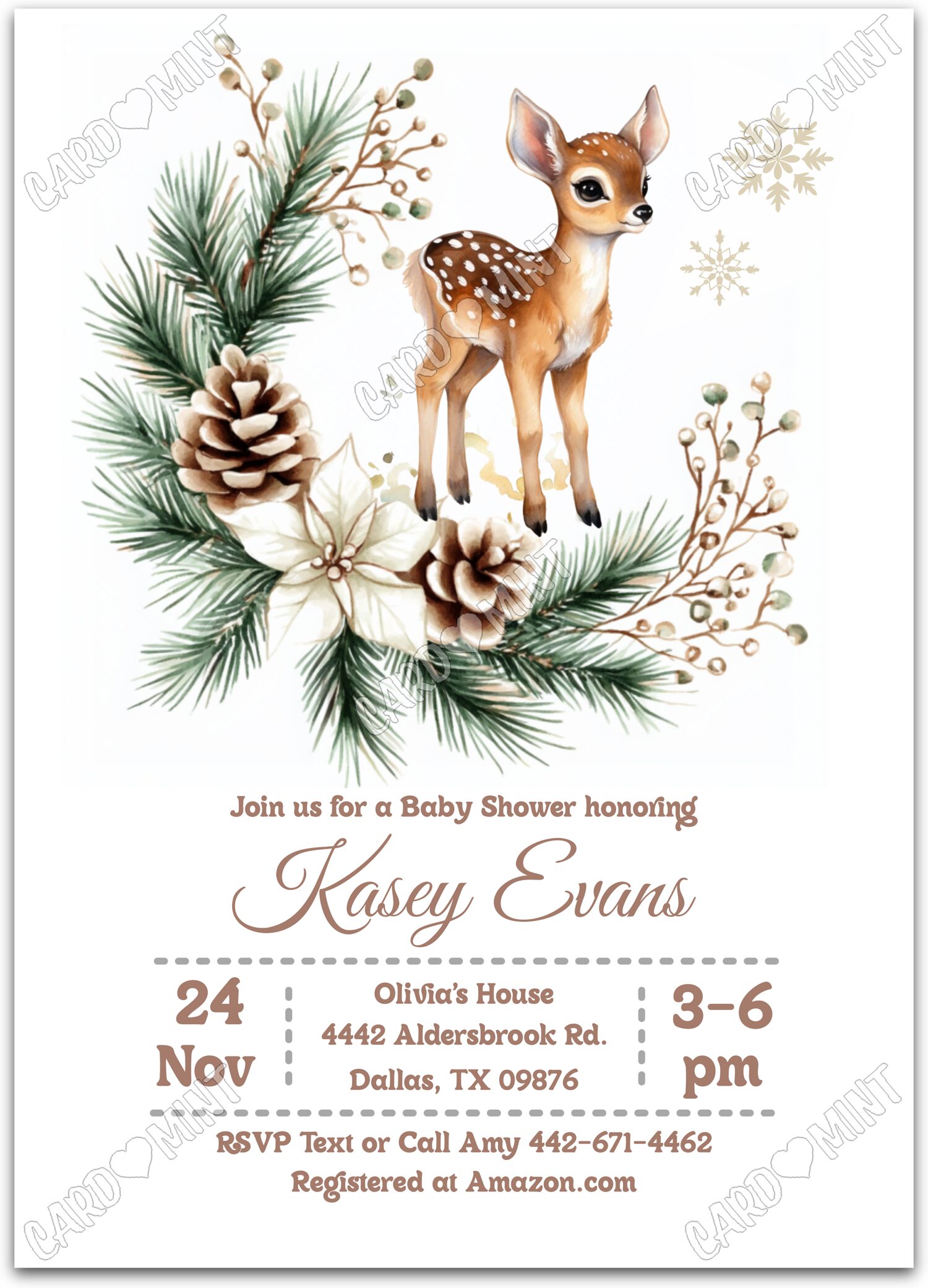 Editable Christmas Deer white baby deer neutral winter Baby Shower 5"x7" Invitation EV1587