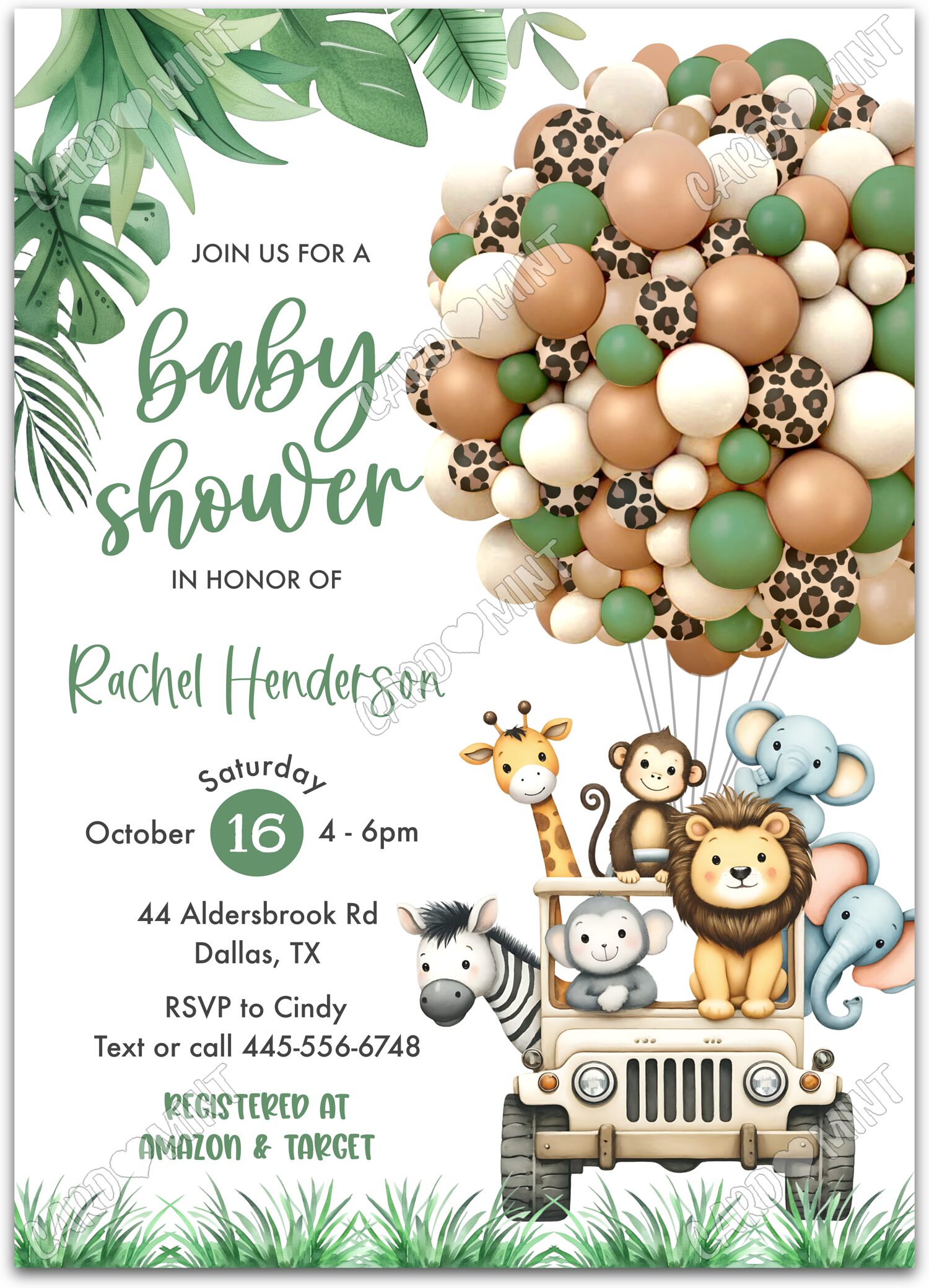 Editable Safari Baby Shower white jungle animals neutral Baby Shower 5"x7" Invitation EV1588