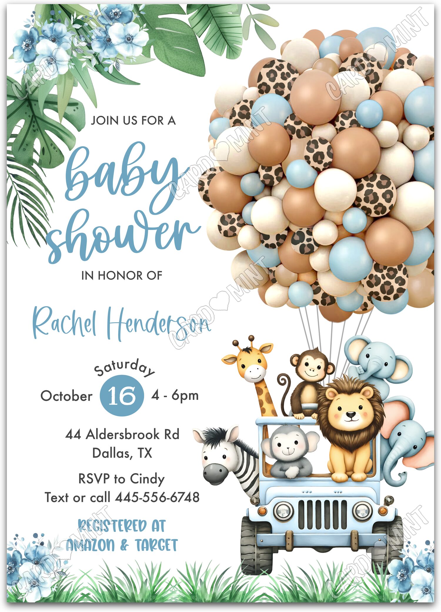 Editable Safari Baby Shower white wild animals boy Baby Shower 5"x7" Invitation EV1589