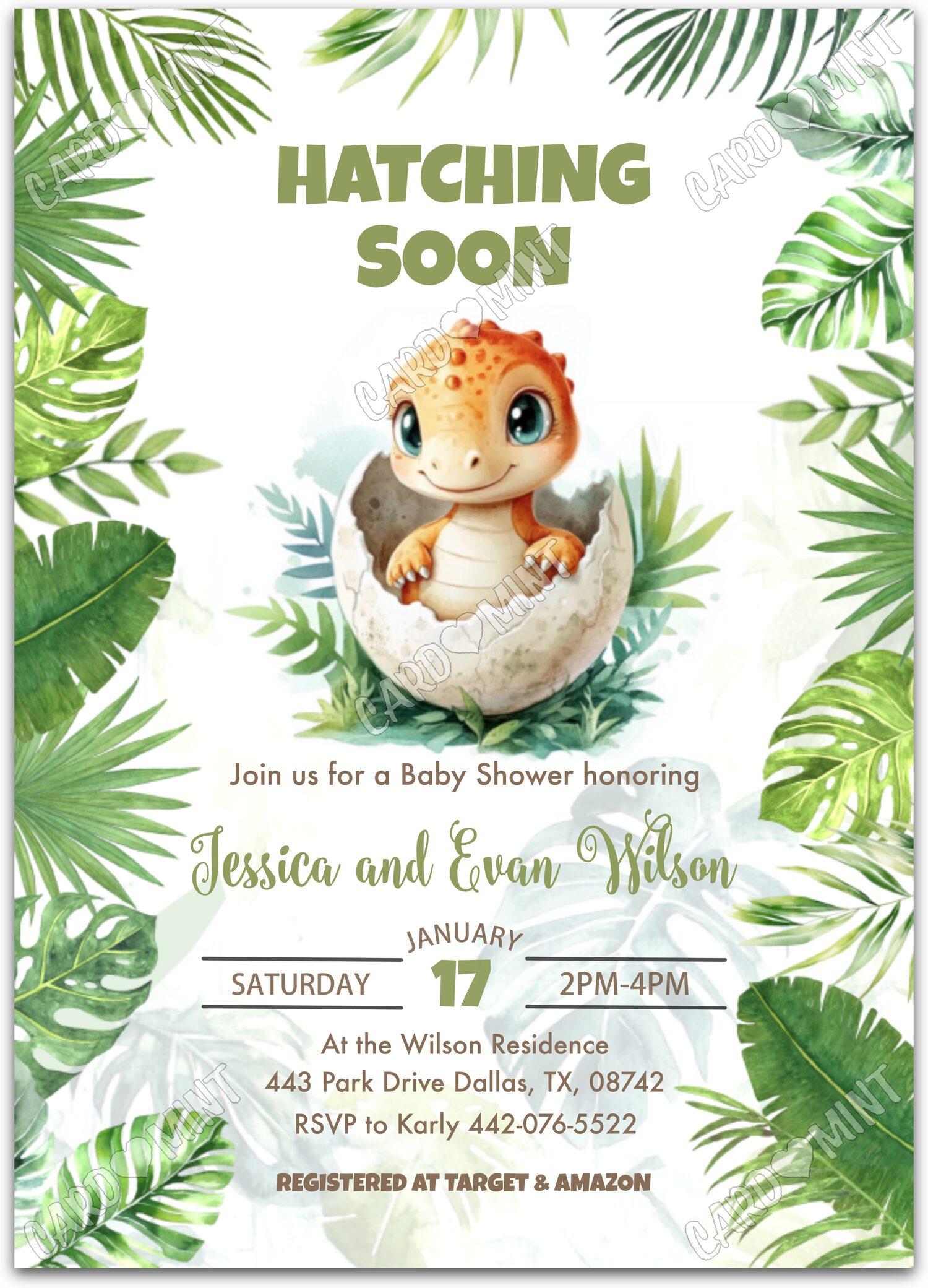 Editable Hatching Soon white baby dinosaur neutral Baby Shower 5"x7" Invitation EV1591