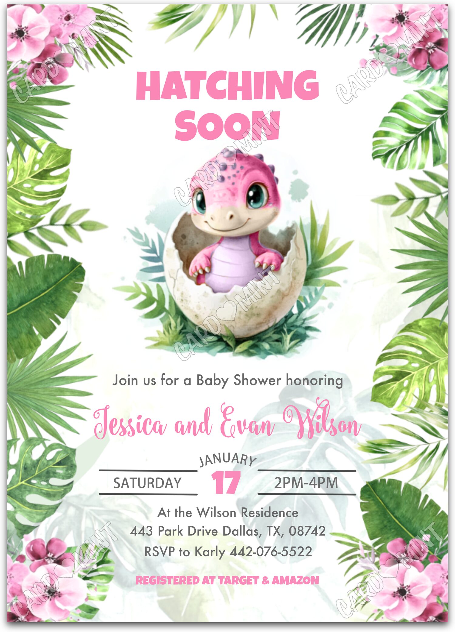 Editable Hatching Soon white baby dinosaur girl Baby Shower 5"x7" Invitation EV1592