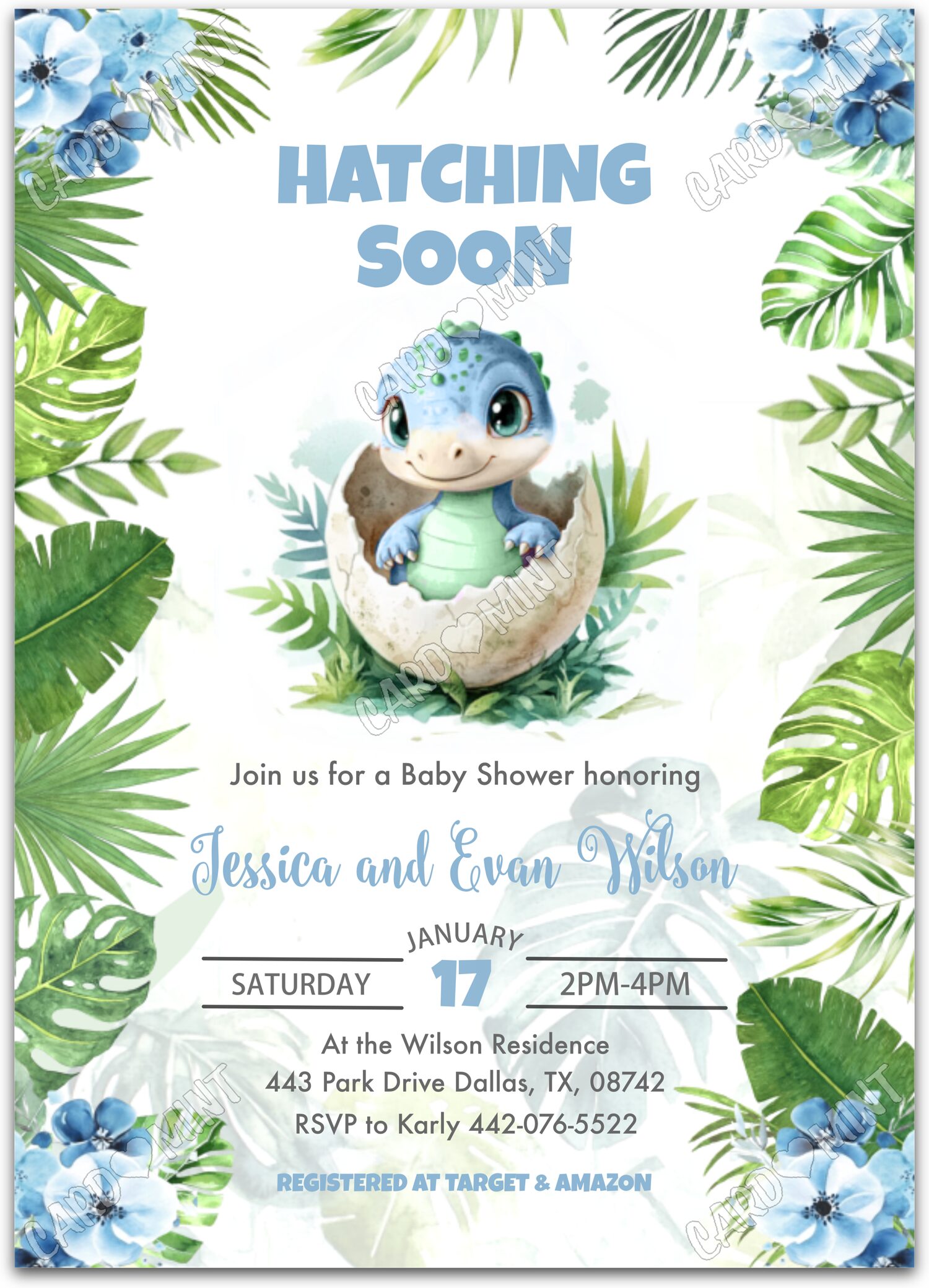 Editable Hatching Soon white baby dinosaur boy Baby Shower 5"x7" Invitation EV1593