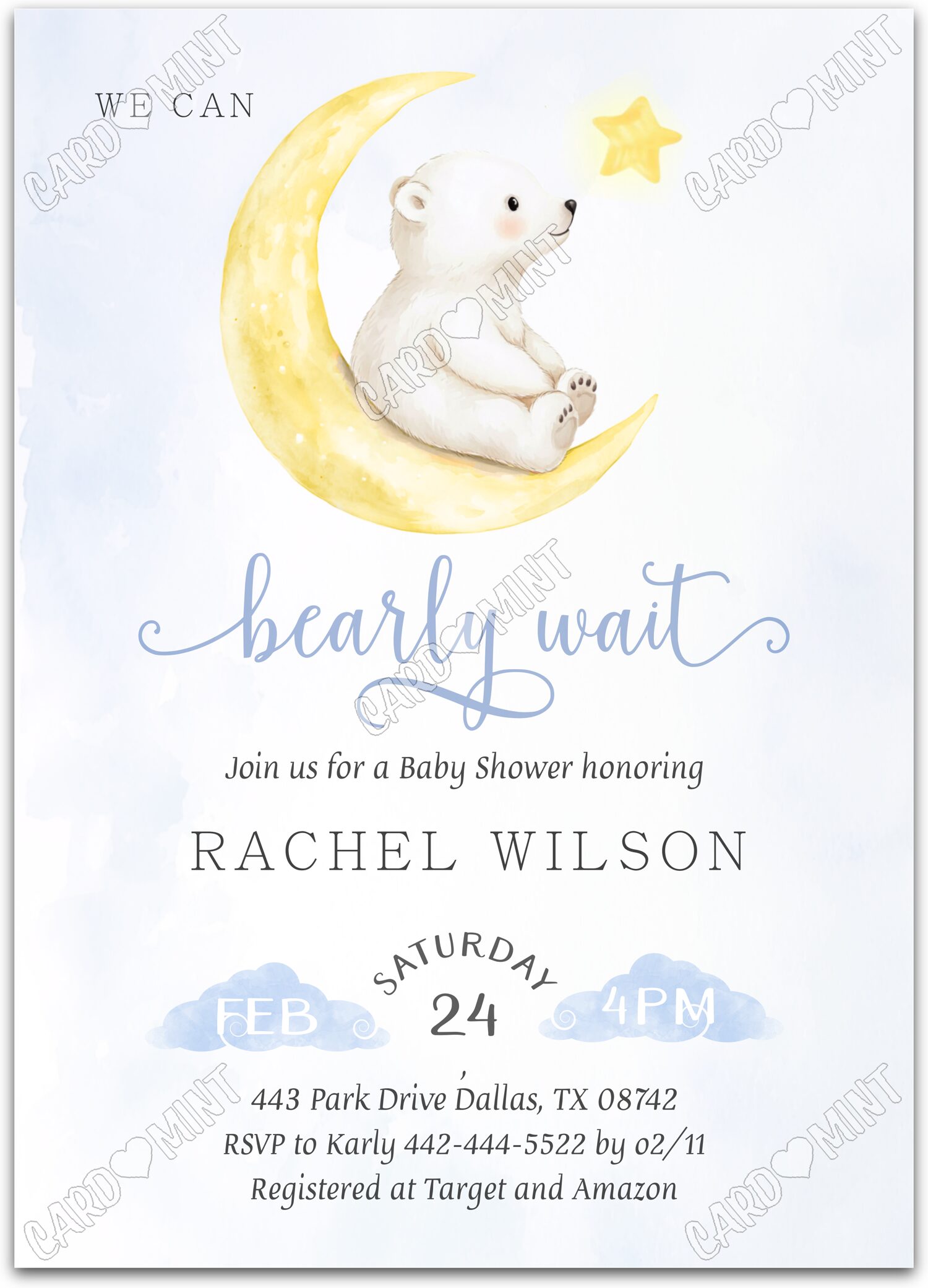 Editable Bearly Wait blue polar bear cub neutral Douche de bébé 5"x7" Invitation EV1594