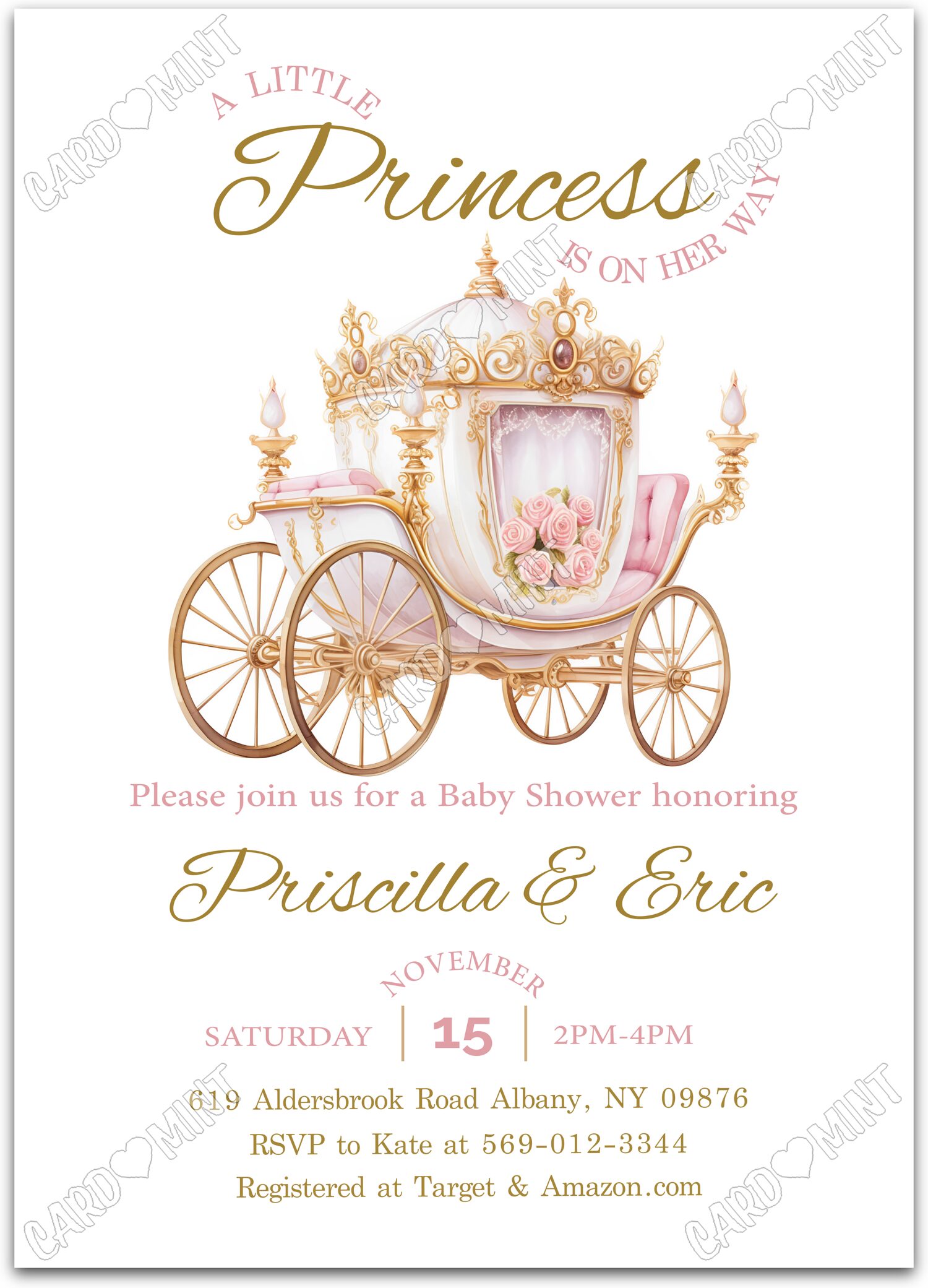 Editable A Little Princess white royal carriage girl Douche de bébé 5"x7" Invitation EV1596