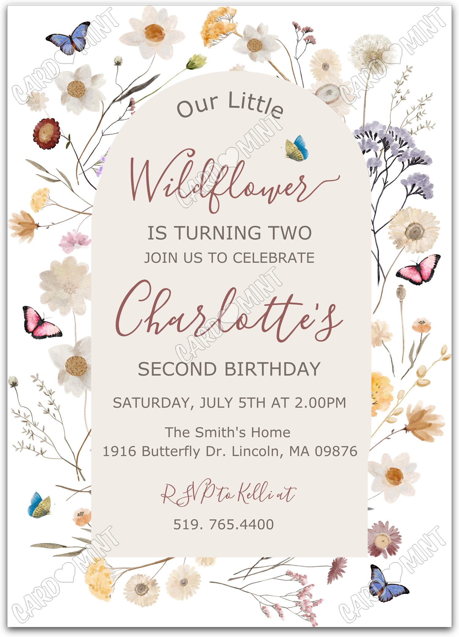 Editable Our Little Wildflower beige wildflowers & butterflies girl Birthday Party 5"x7" Invitation EV1597