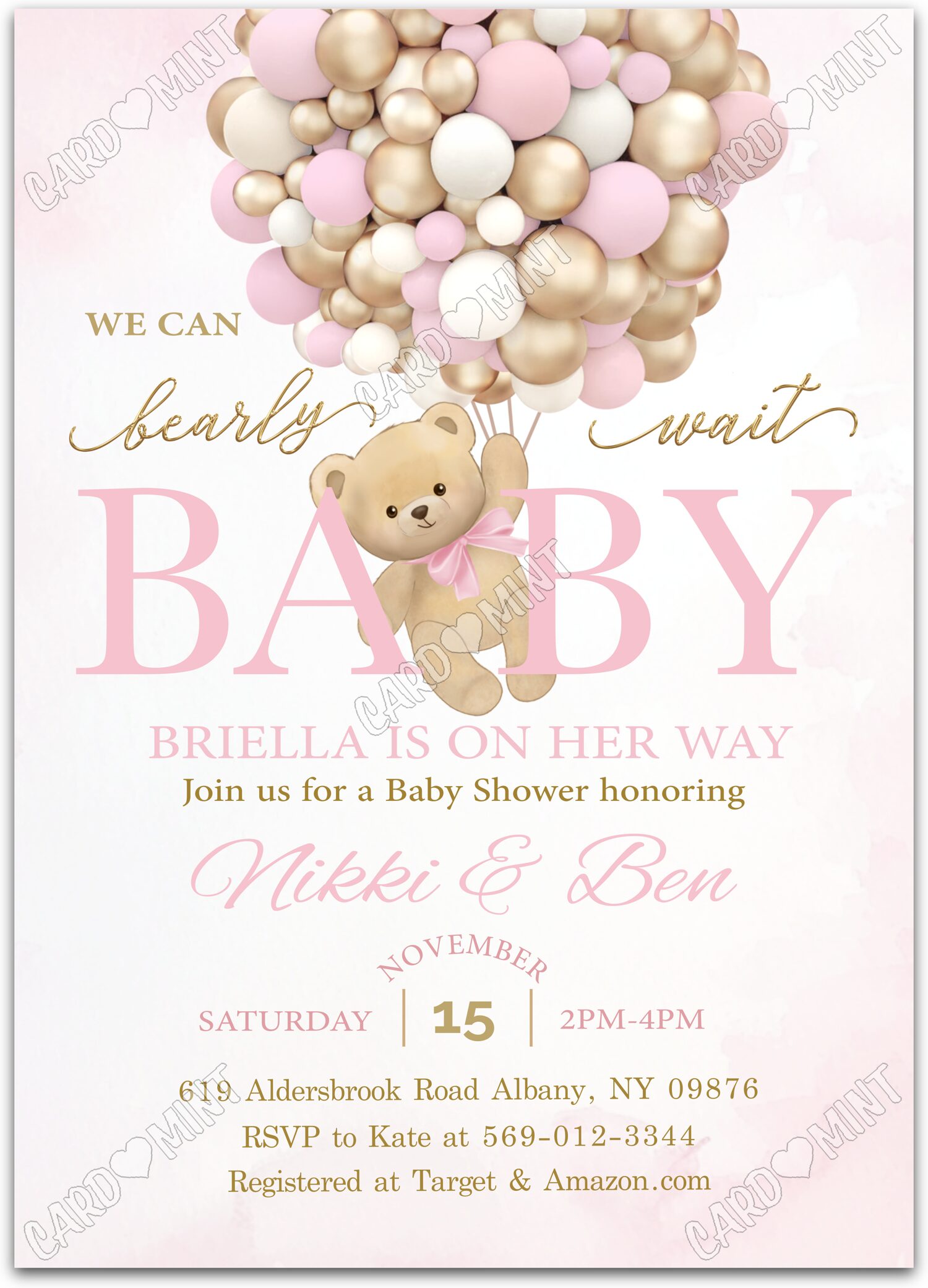 Editable Bearly Wait pink/gold teddy bear & balloons girl Baby Shower 5"x7" Invitation EV1598