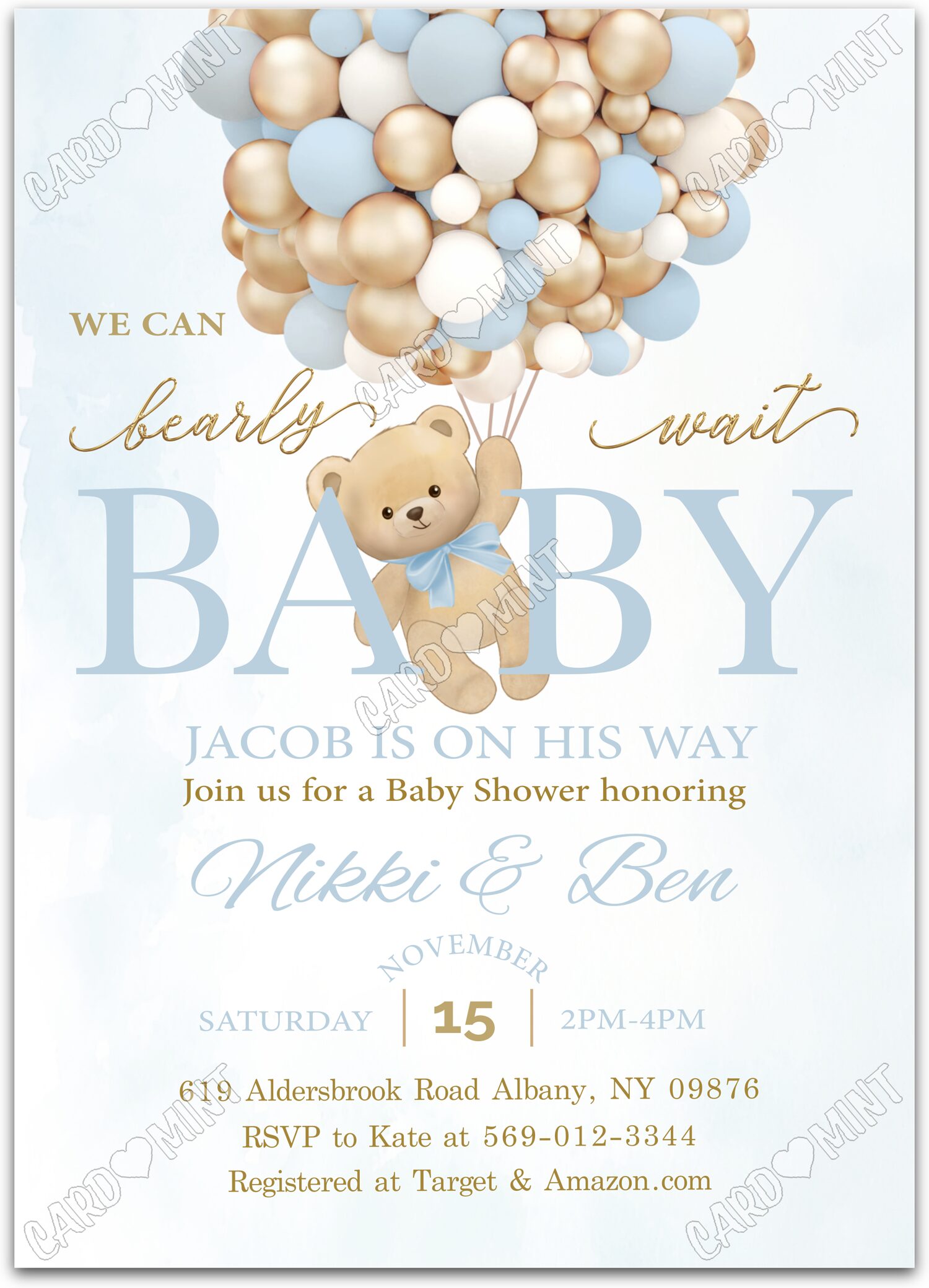 Editable Bearly Wait blue/gold teddy bear & balloons boy Baby Shower 5"x7" Invitation EV1599