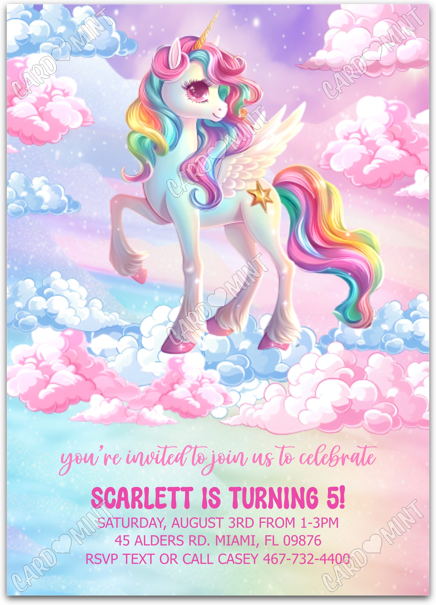 Editable Rainbow Pony colorful rainbow mane & tail girl Fête d'Anniversaire 5"x7" Invitation EV1600