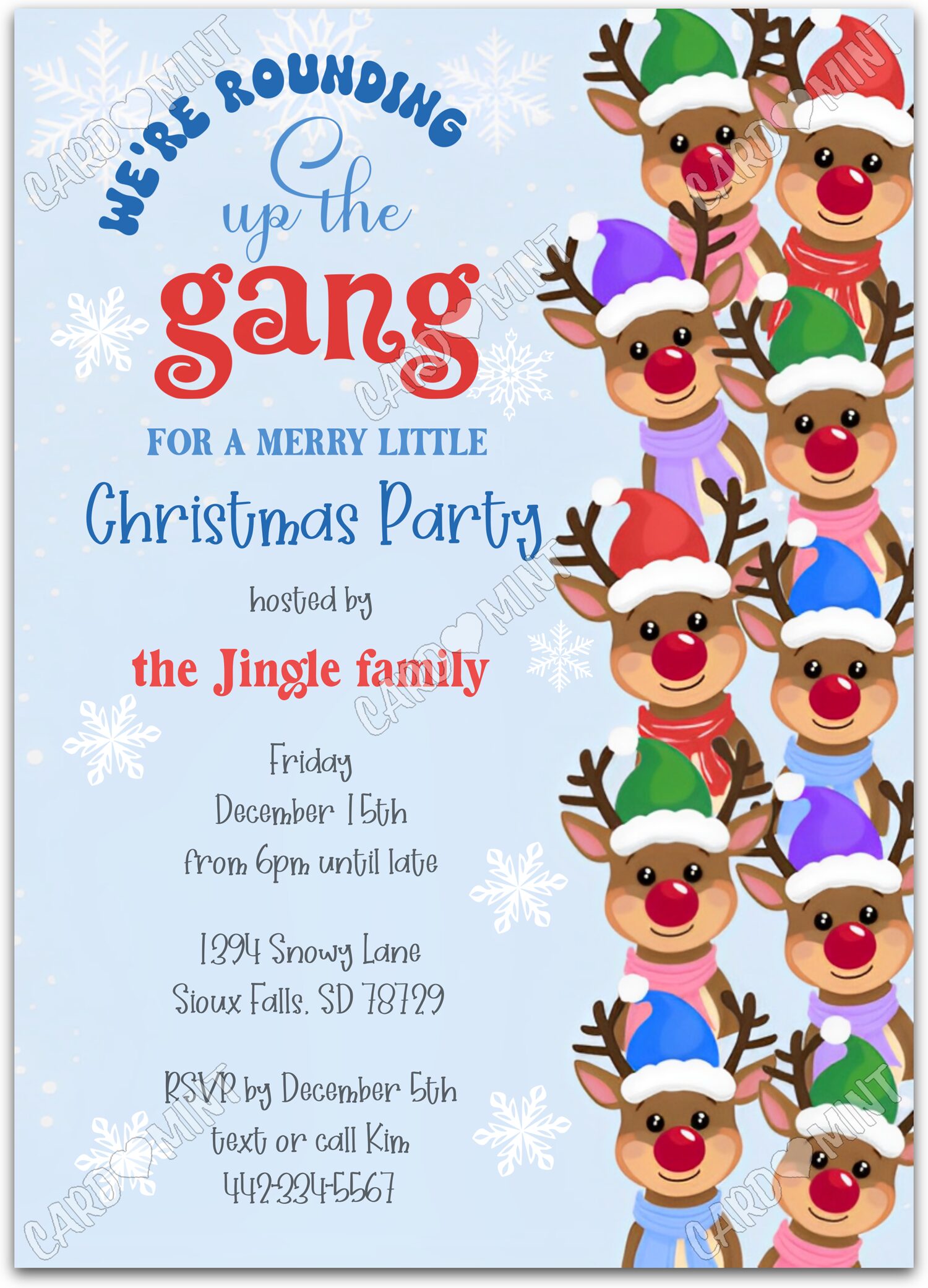 Editable Rounding Up The Gang blue reindeer Christmas Christmas Party 5"x7" Invitation EV1601