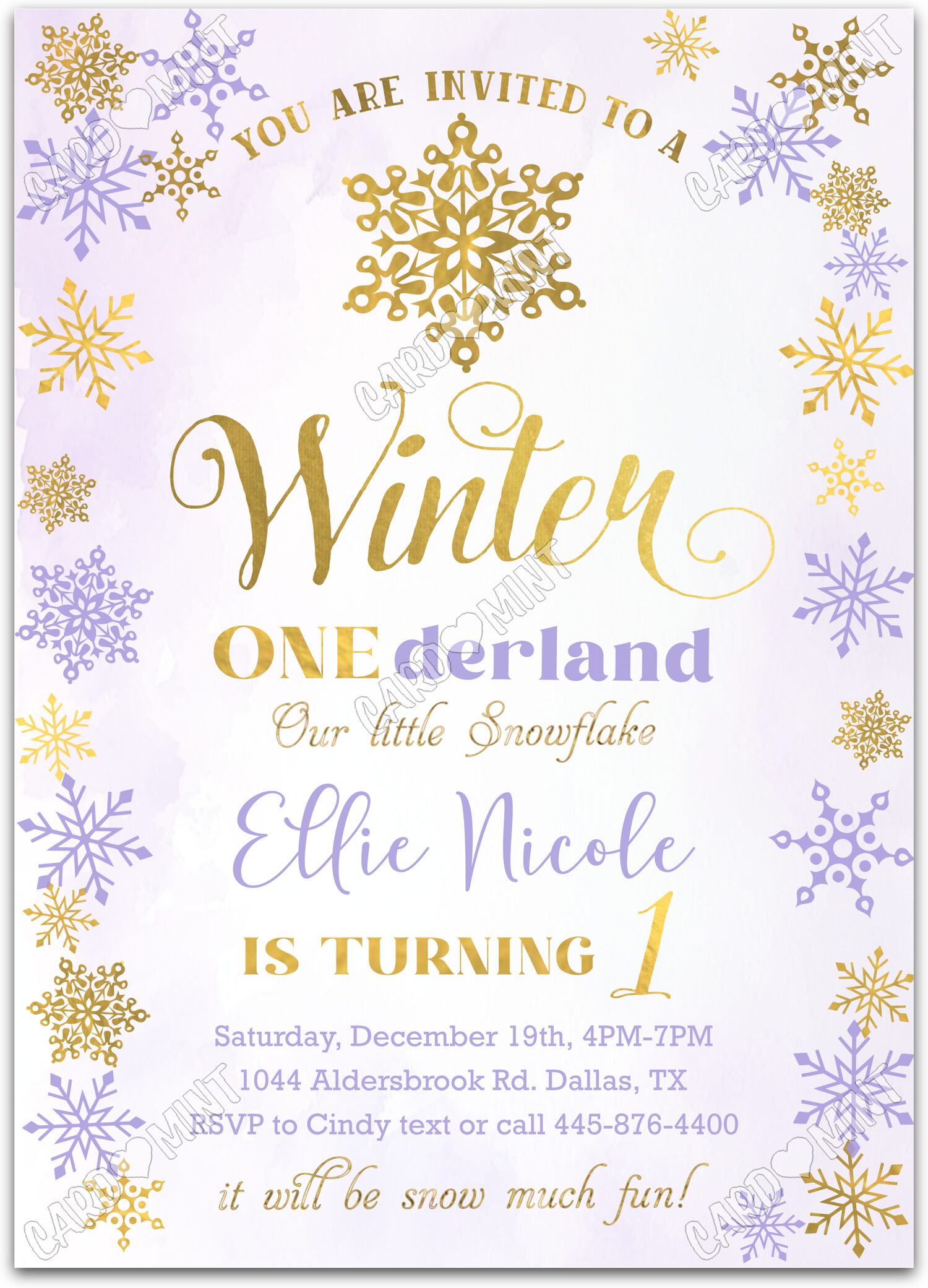 Editable Winter Onederland purple gold snowflakes girl winter First Birthday Party 5"x7" Invitation EV1603