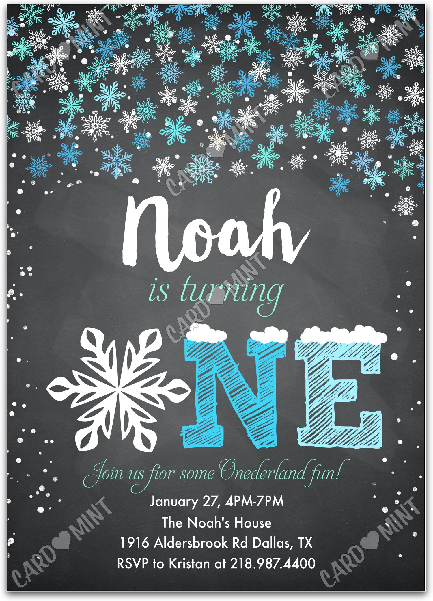 Editable Onederland Fun black snowflakes boy winter First Fête d'Anniversaire 5"x7" Invitation EV1604