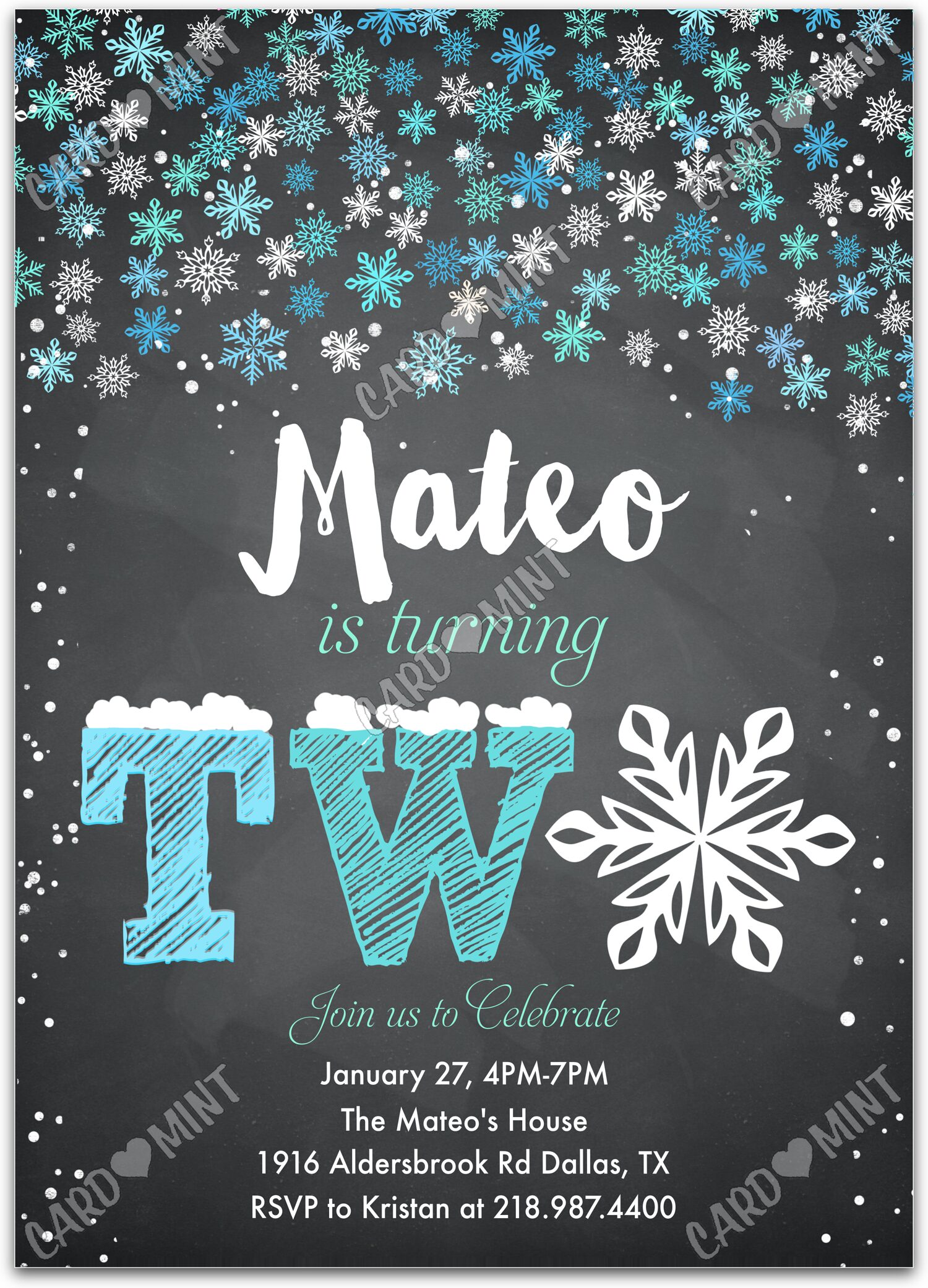 Editable Turning Two white snowflakes boy winter 2nd Birthday Party 5"x7" Invitation EV1605