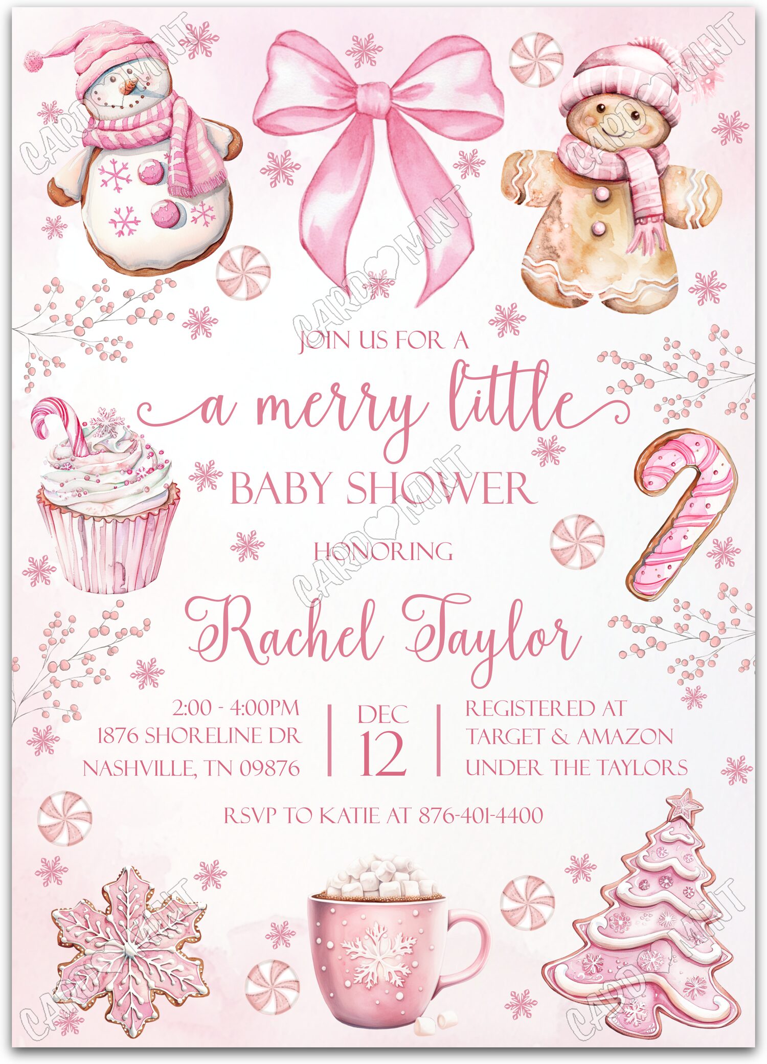 Editable Merry Little Douche de bébé pink holiday treats girl Christmas Douche de bébé 5"x7" Invitation EV1606