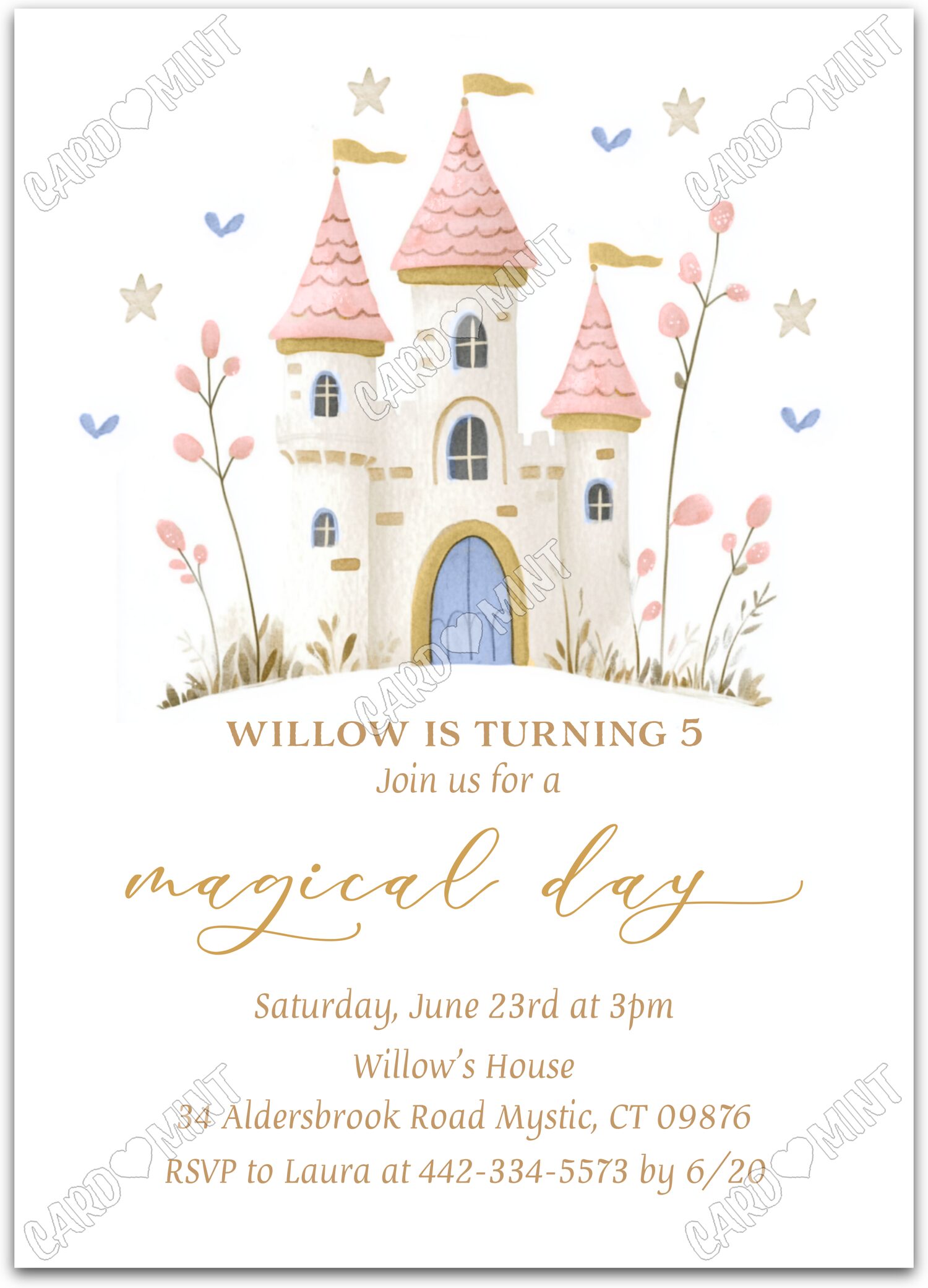 Editable Magical Day white princess castle girl Fête d'Anniversaire 5"x7" Invitation EV1607