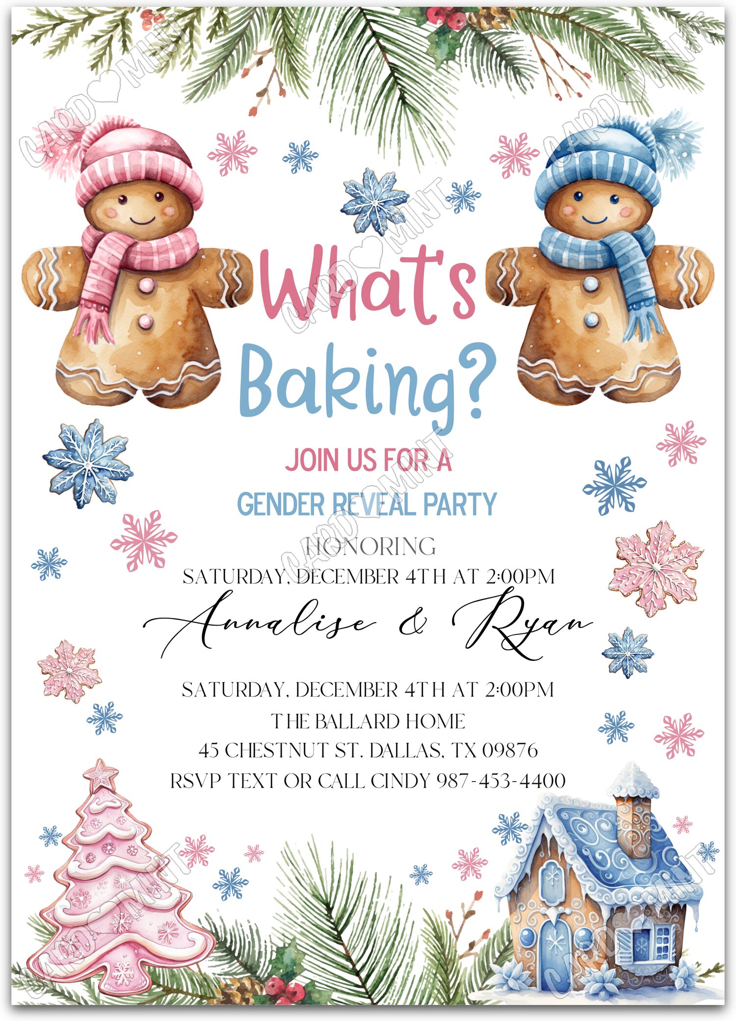 Editable What's Baking? white holiday goodies Gender Reveal 5"x7" Invitation EV1609