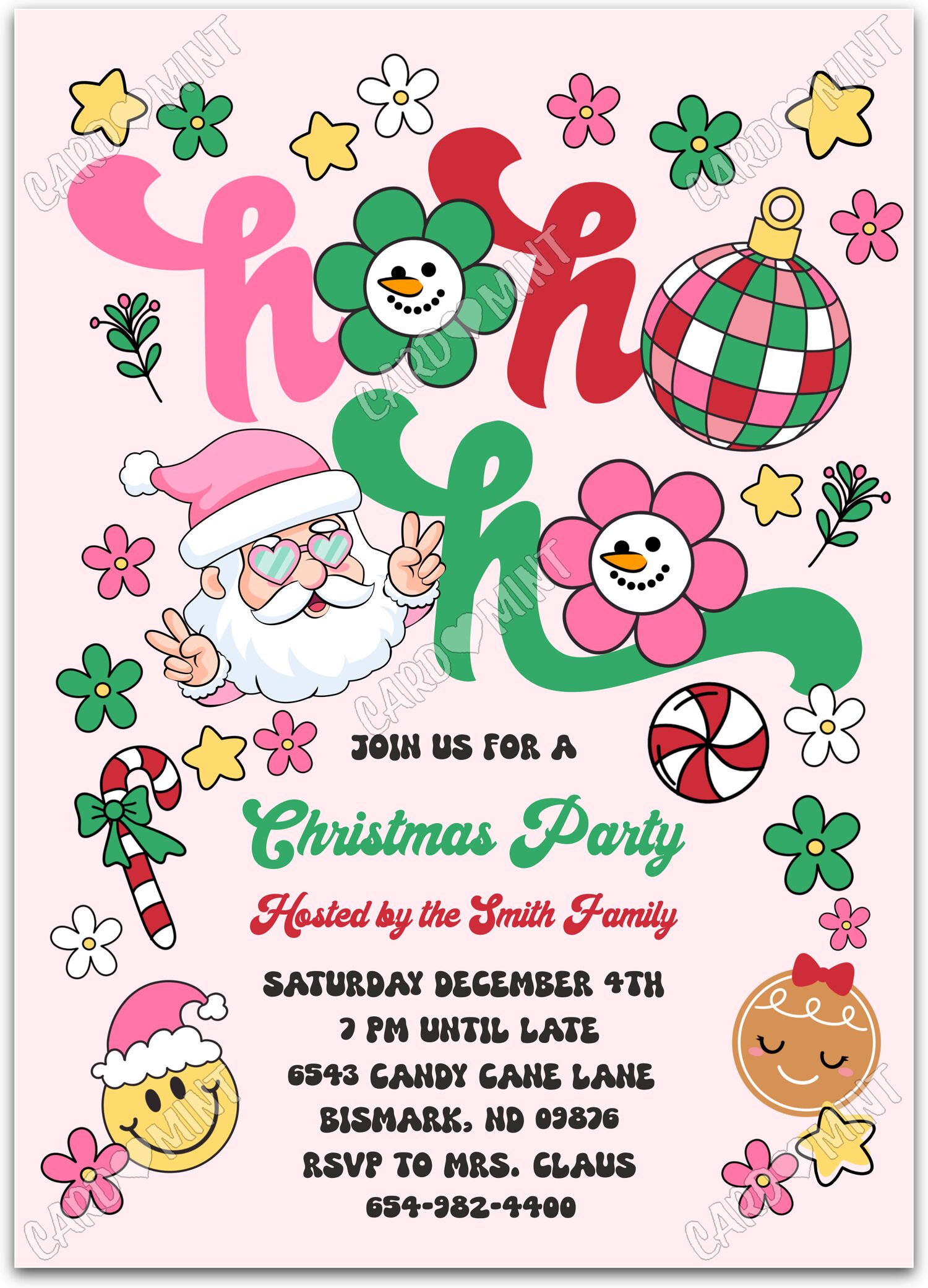 Editable Ho Ho Ho pink holiday treats Christmas Christmas Party 5"x7" Invitation EV1611