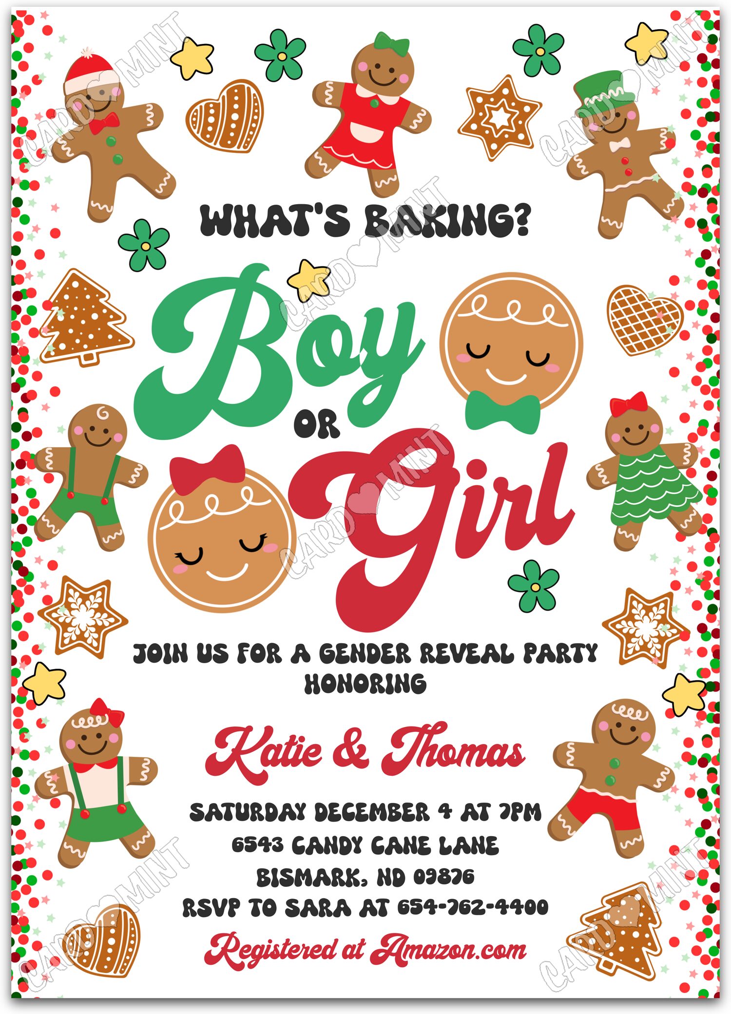 Editable What's Baking? white holiday goodies Gender Reveal 5"x7" Invitation EV1612