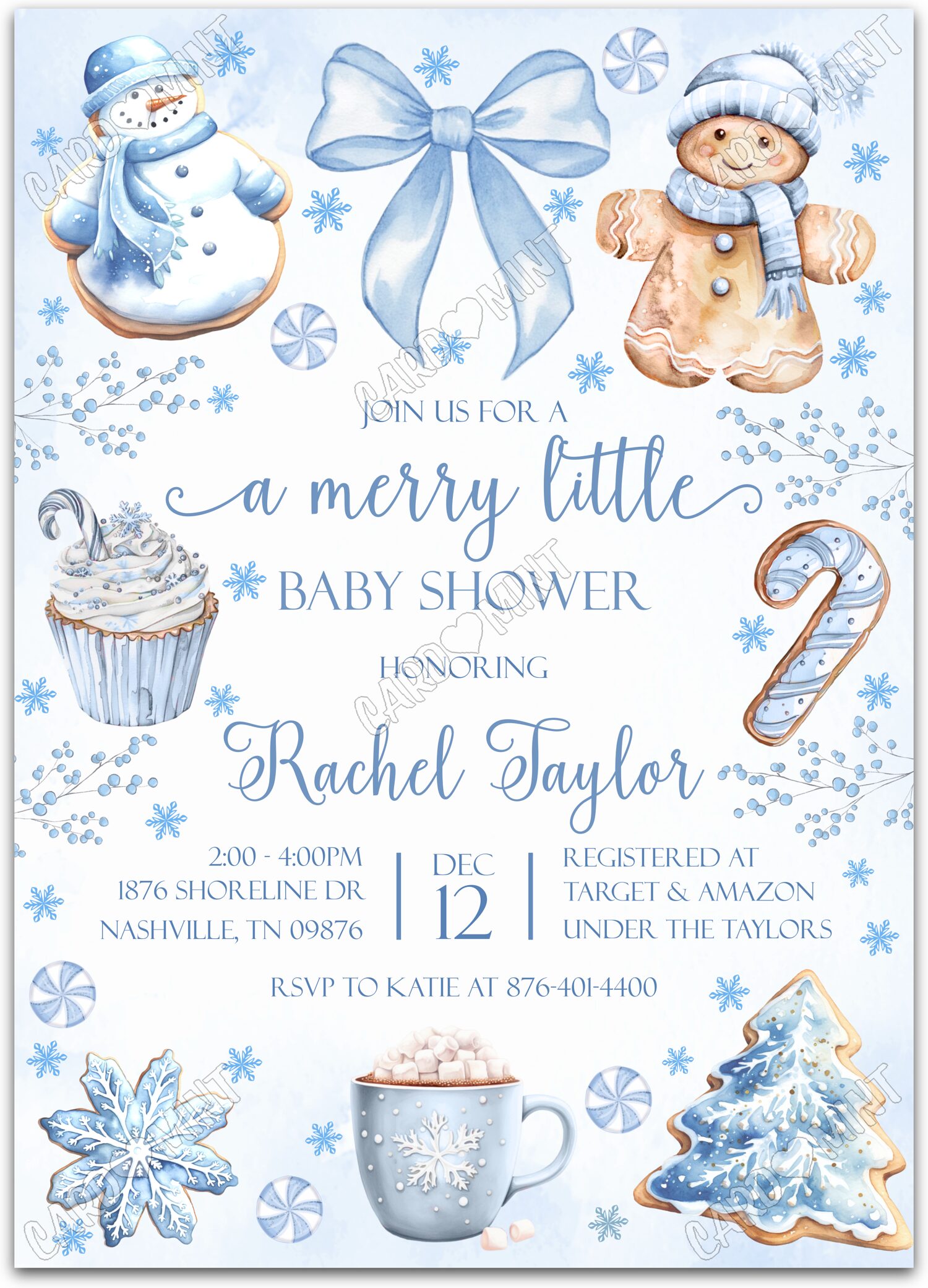 Editable Merry Little Baby Shower blue holiday treats boy Christmas Baby Shower 5"x7" Invitation EV1613