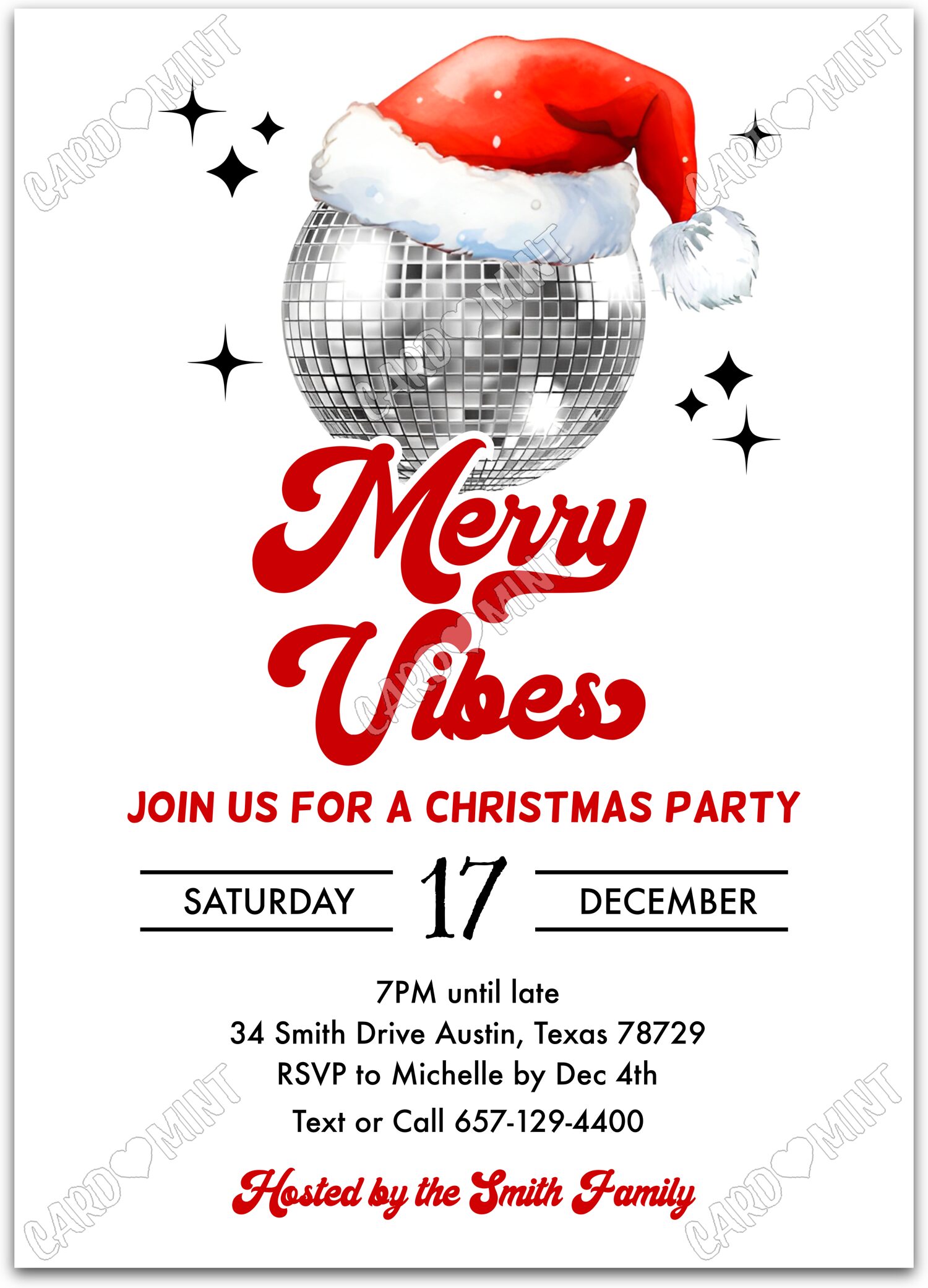 Editable Merry Vibes white disco ball Christmas Christmas Party 5"x7" Invitation EV1615