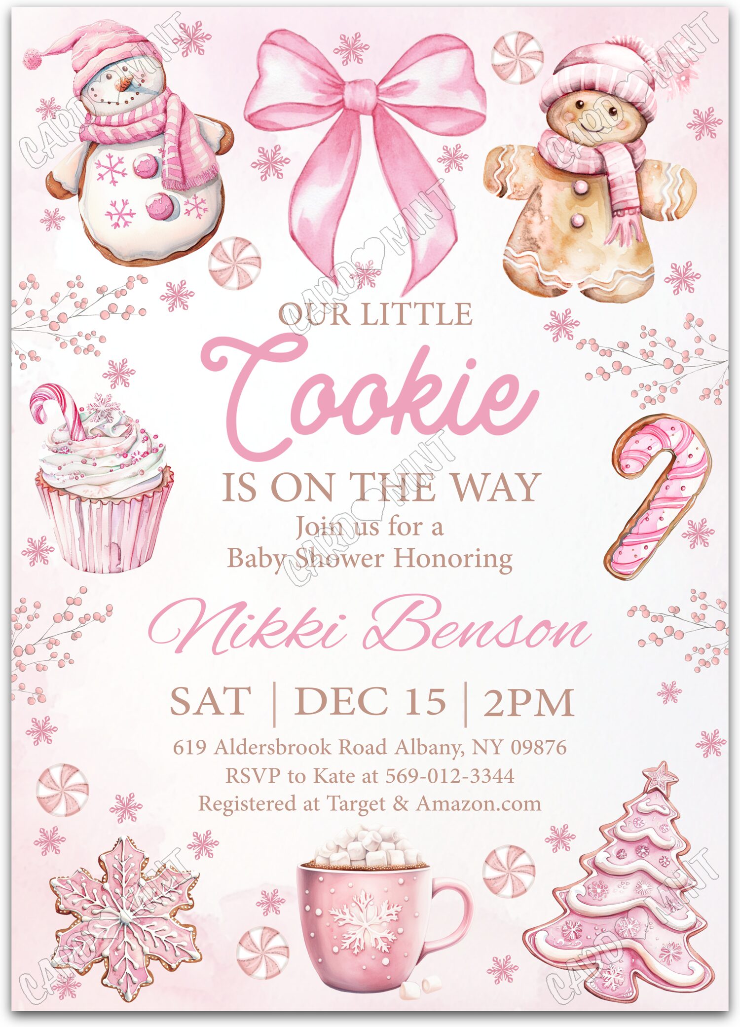 Editable Our Little Cookie pink holiday treats girl Christmas Baby Shower 5"x7" Invitation EV1616