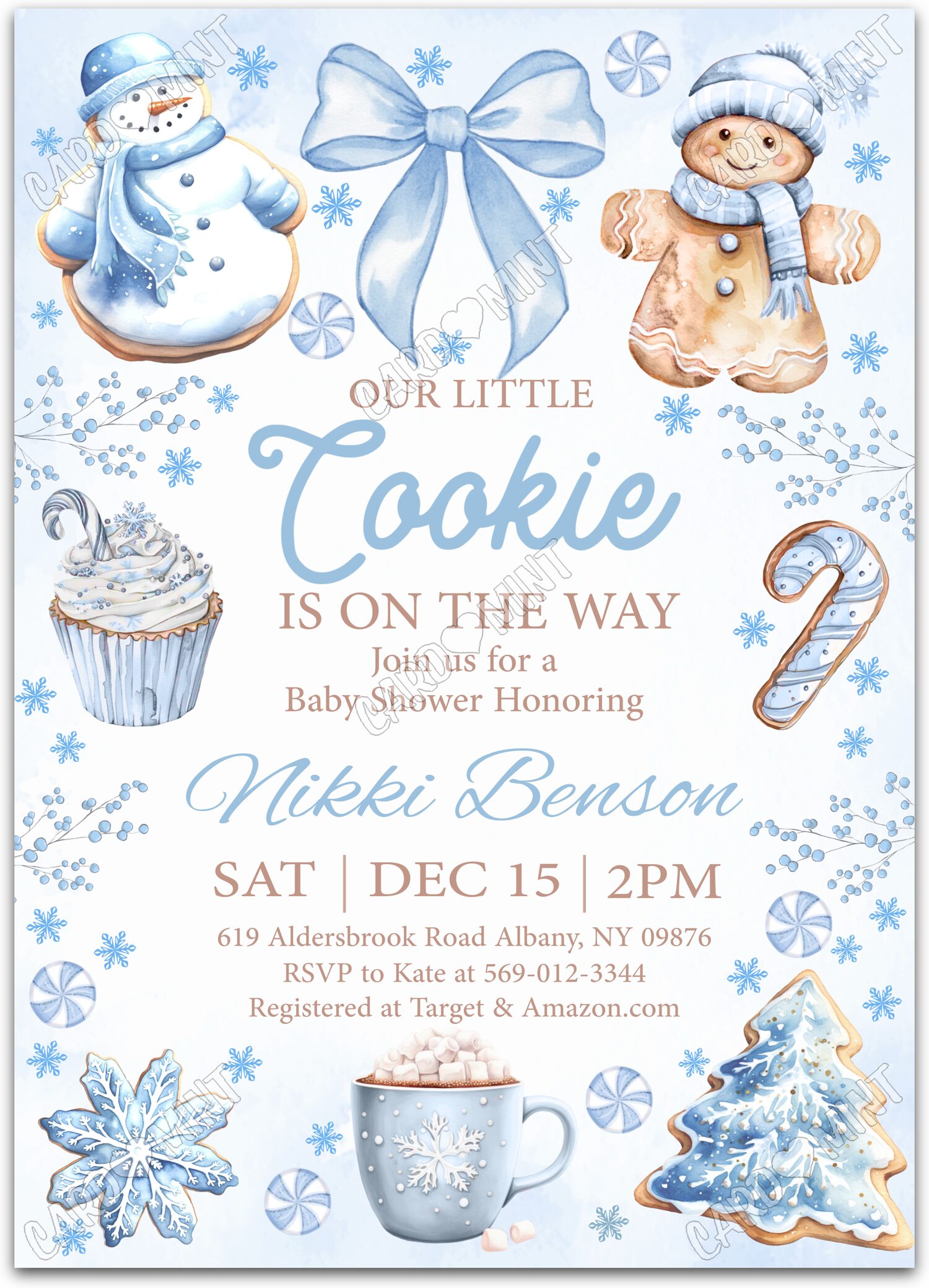 Editable Our Little Cookie blue holiday treats boy Christmas Douche de bébé 5"x7" Invitation EV1617