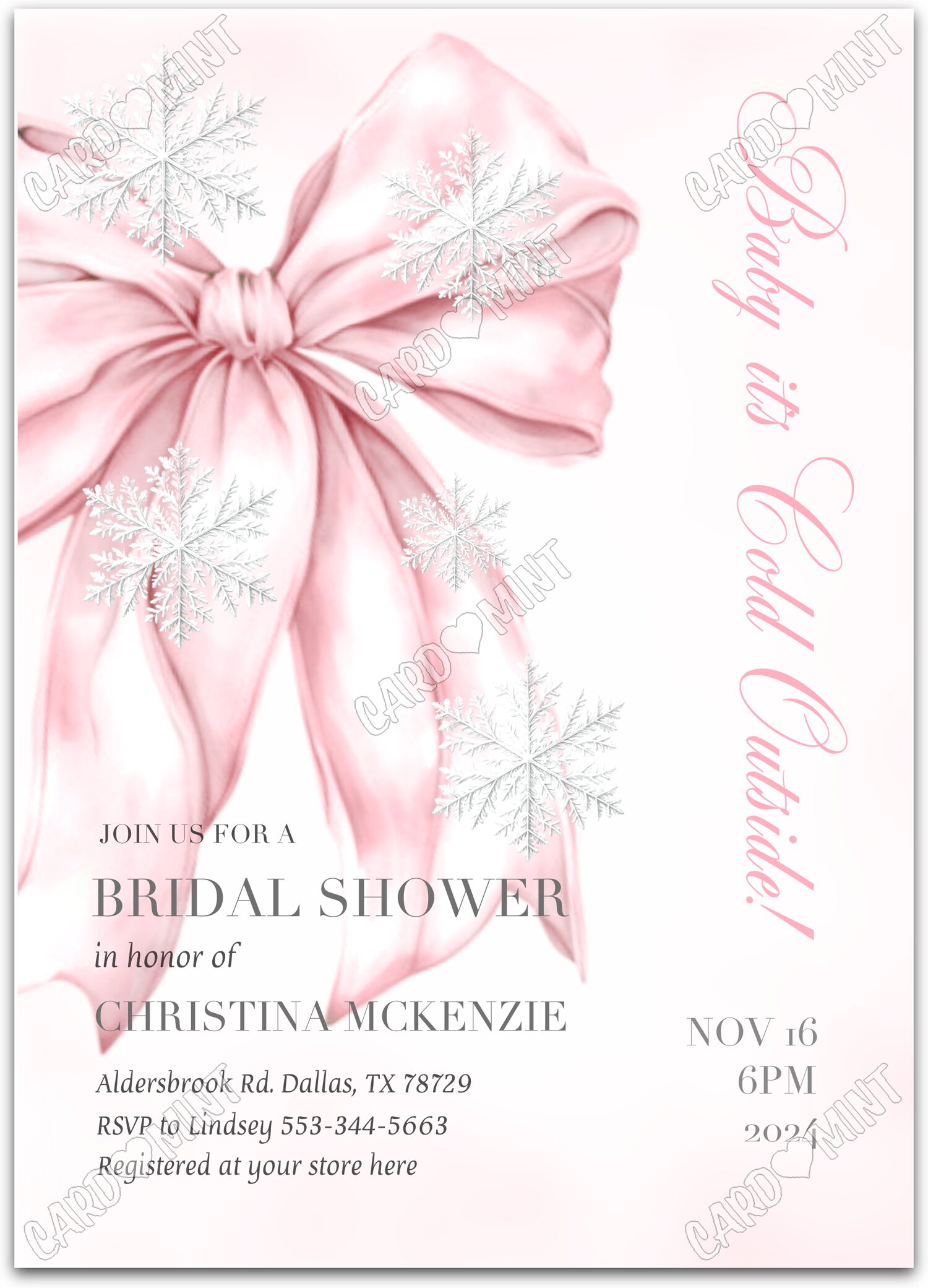 Editable Baby It's Cold Outside pink pink bow & snowflakes winter Bridal Shower 5"x7" Invitation EV1619