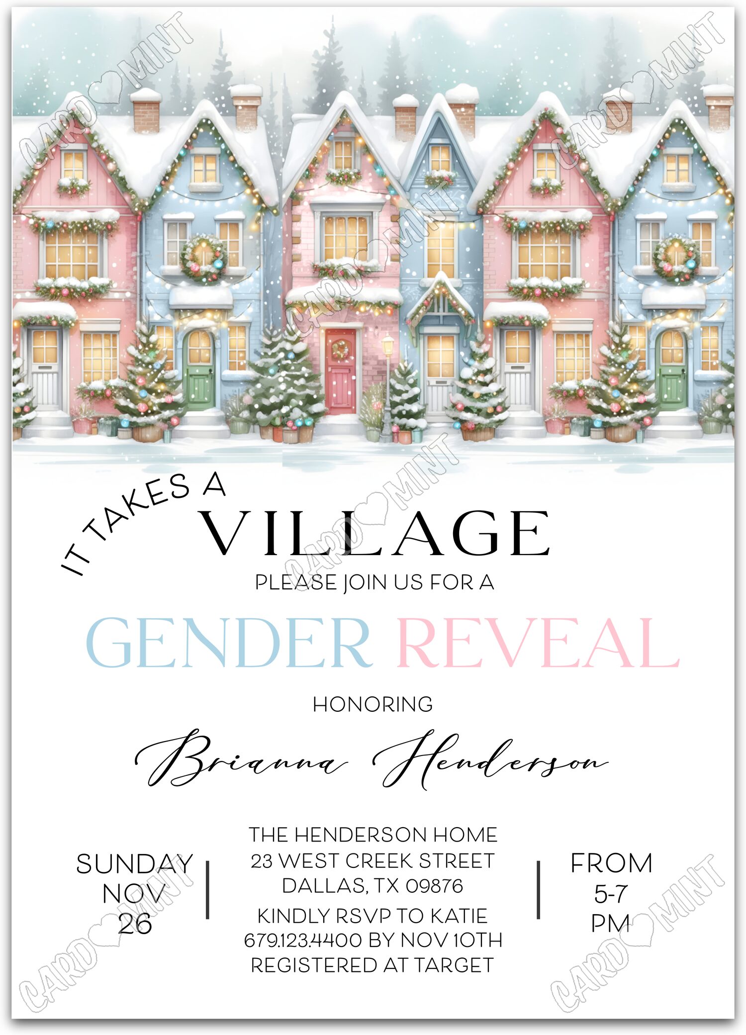 Editable It Takes A Village white winter village Gender Reveal 5"x7" Invitation EV1622