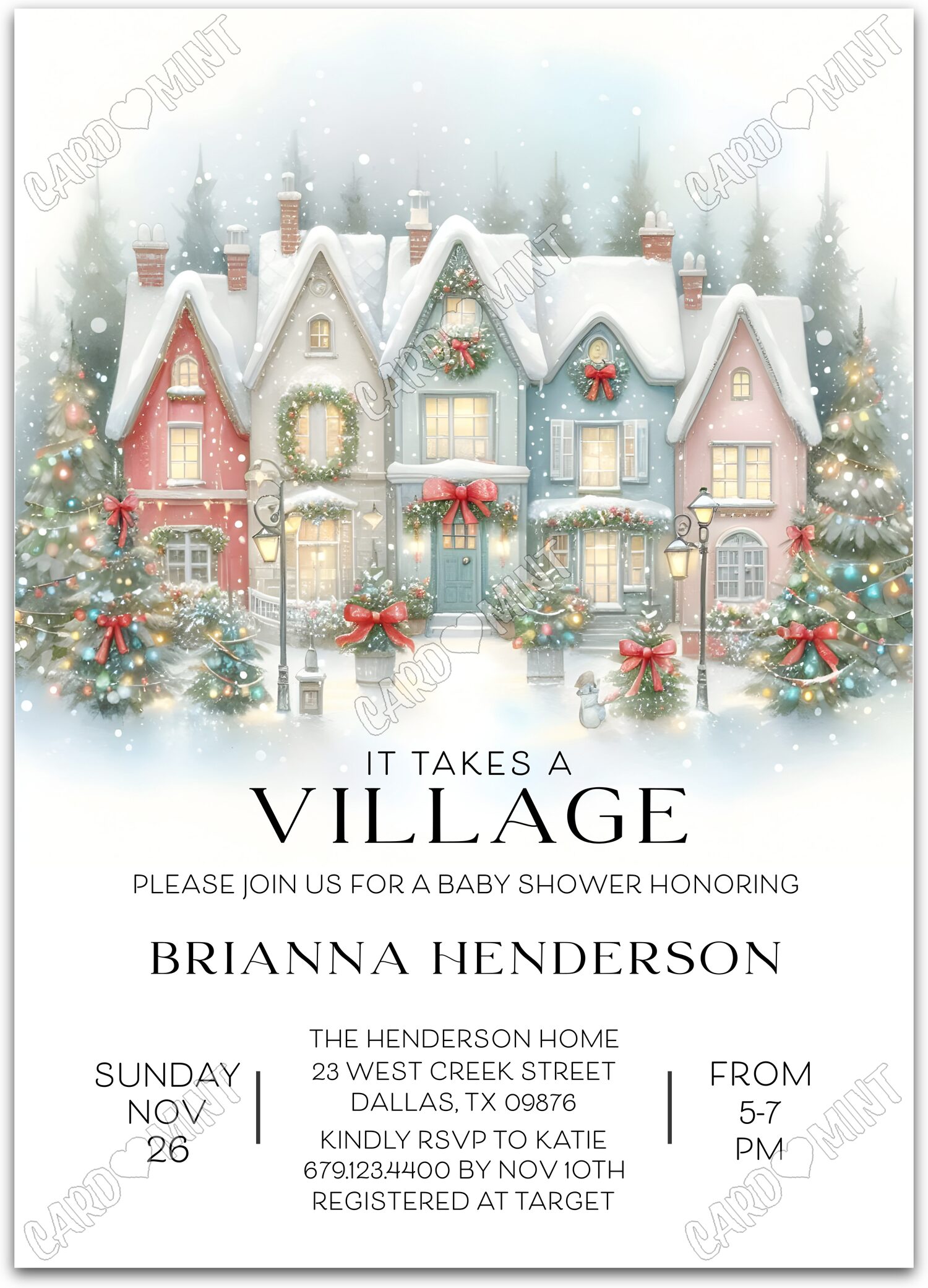 Editable It Takes A Village white winter village neutral Douche de bébé 5"x7" Invitation EV1623