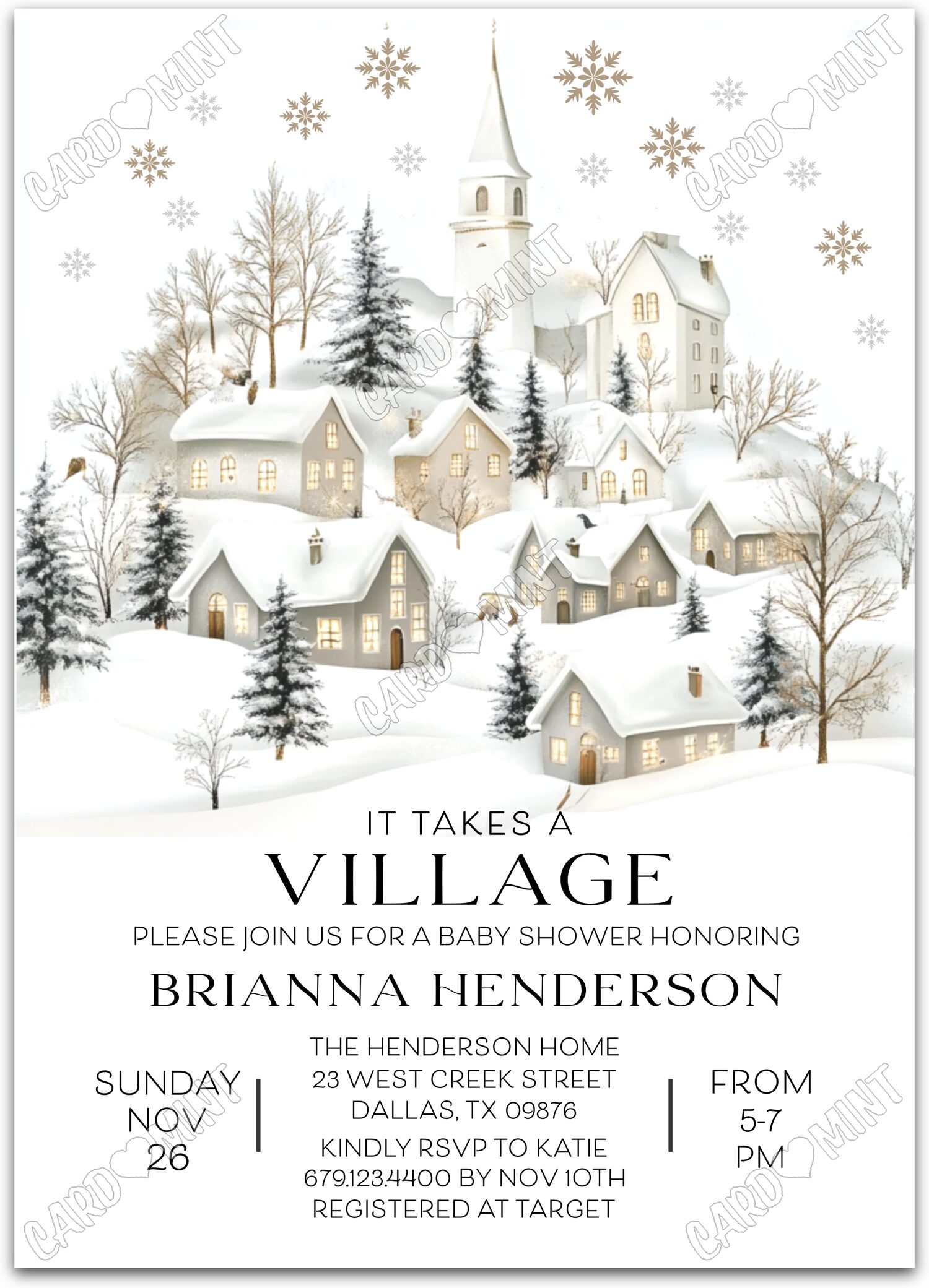 Editable It Takes A Village white winter village neutral Baby Shower 5"x7" Invitation EV1624