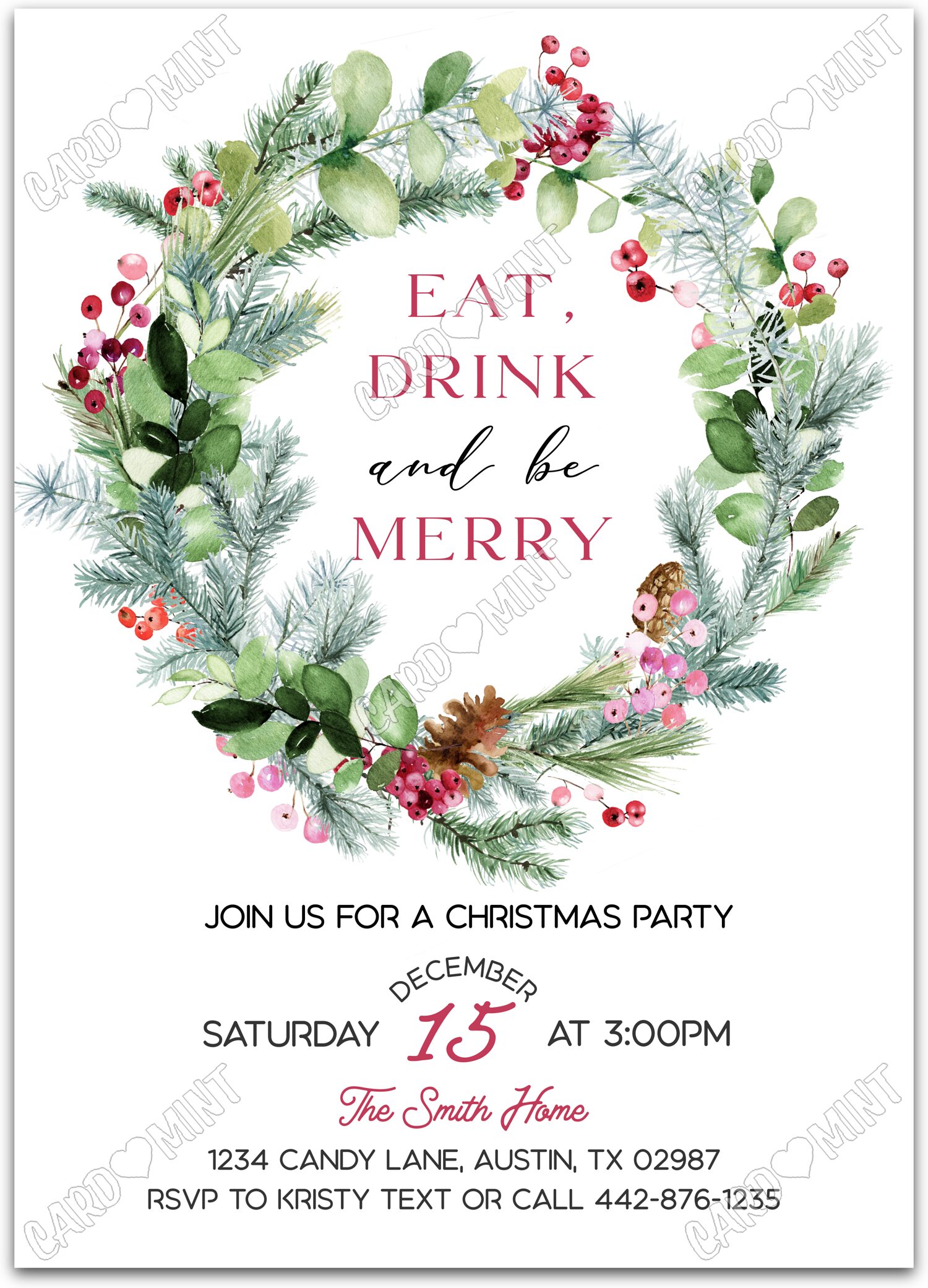 Editable Eat, Drink & Be Merry white wreath Christmas Christmas Party 5"x7" Invitation EV1625