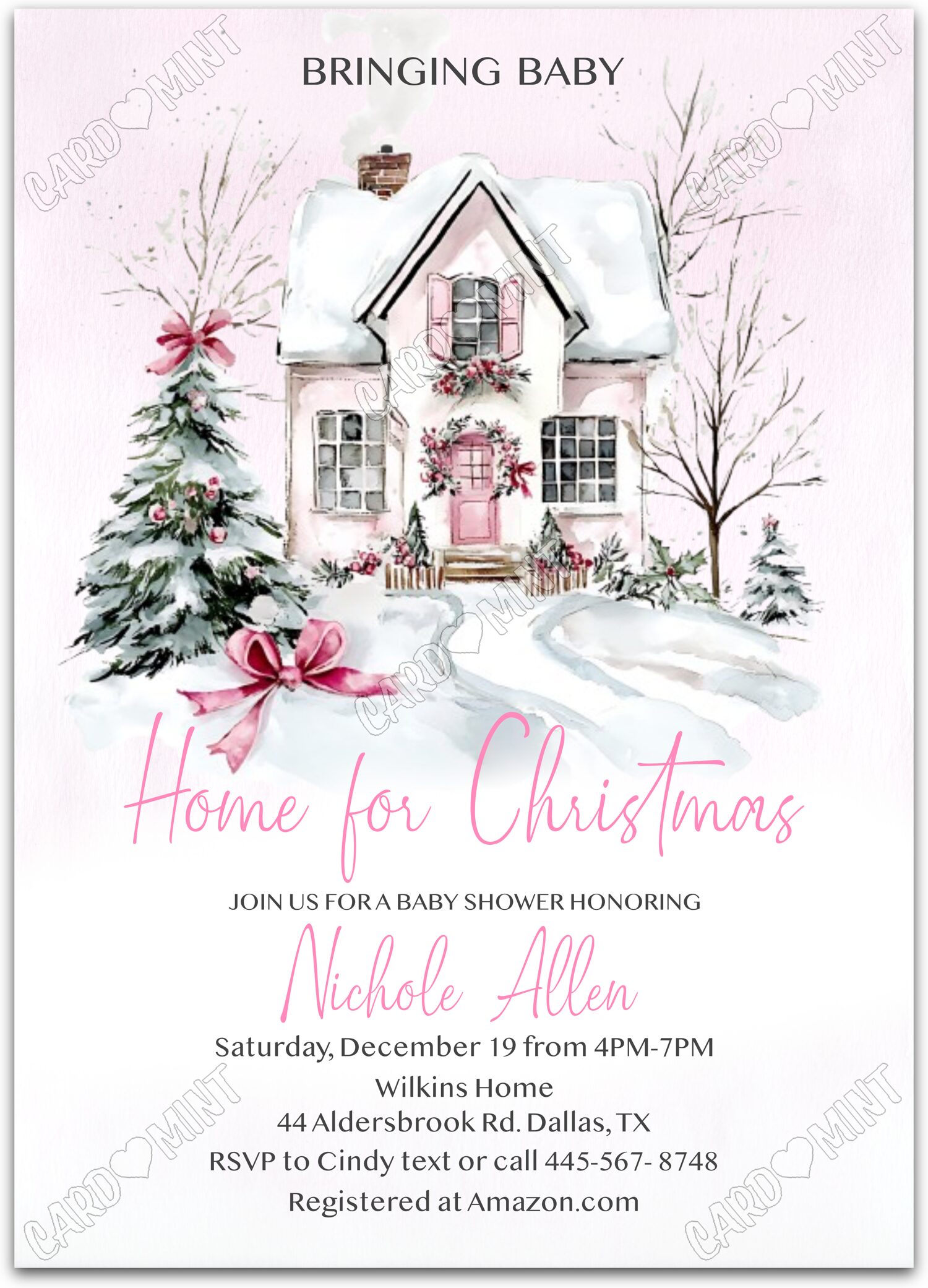 Editable Home for Christmas pink decorated home girl Christmas Douche de bébé 5"x7" Invitation EV1626