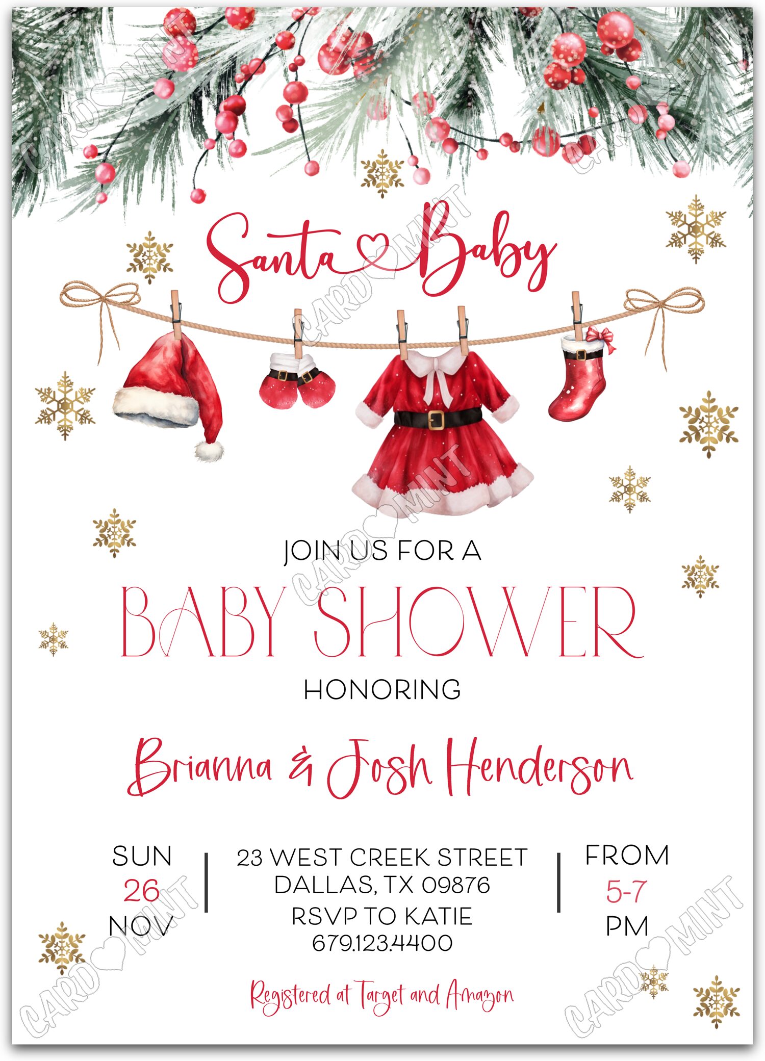 Editable Santa Baby white santa clothes girl winter Baby Shower Invitation EV1629