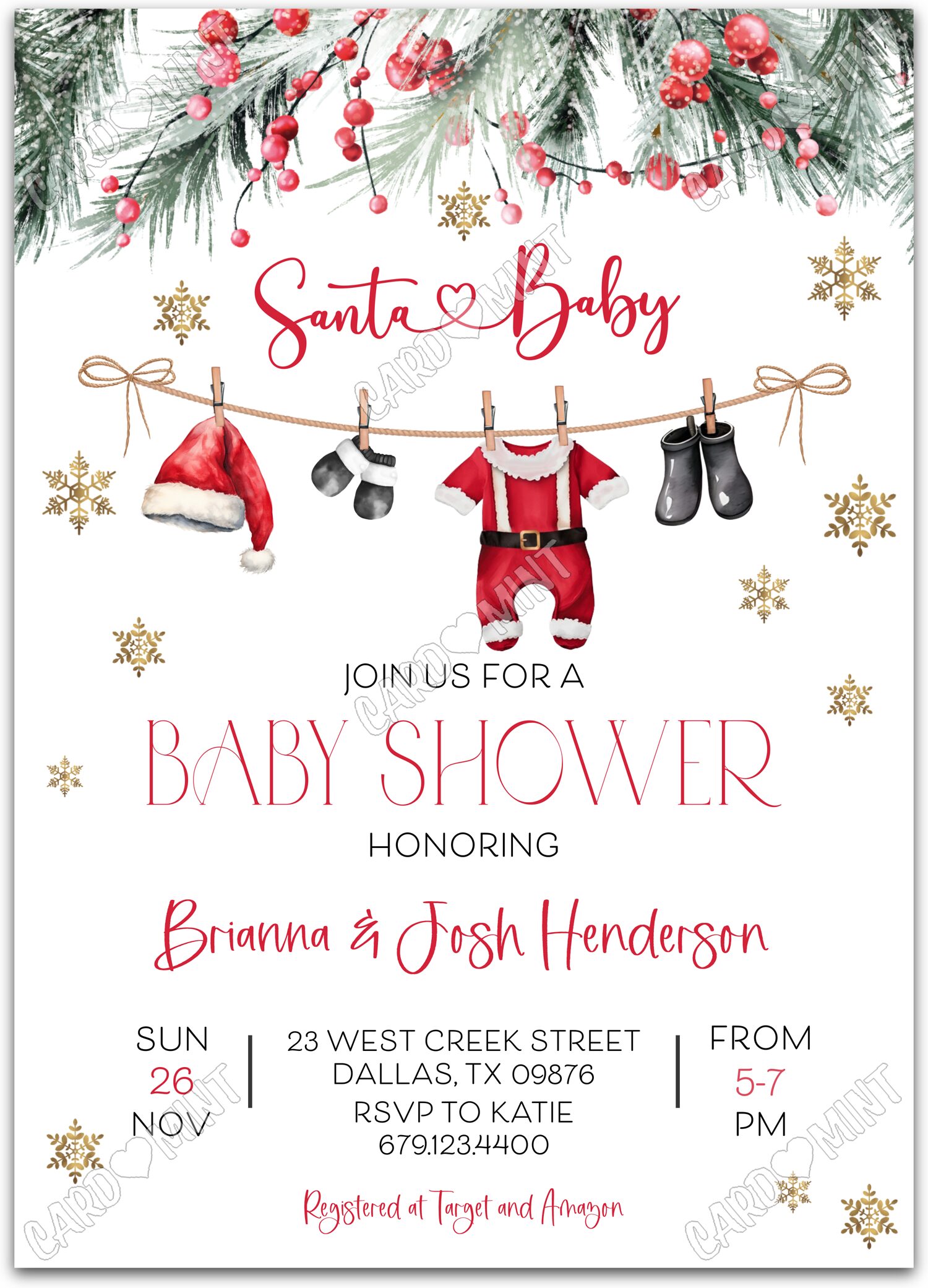 Editable Santa Baby white santa clothes boy winter Baby Shower Invitation EV1630