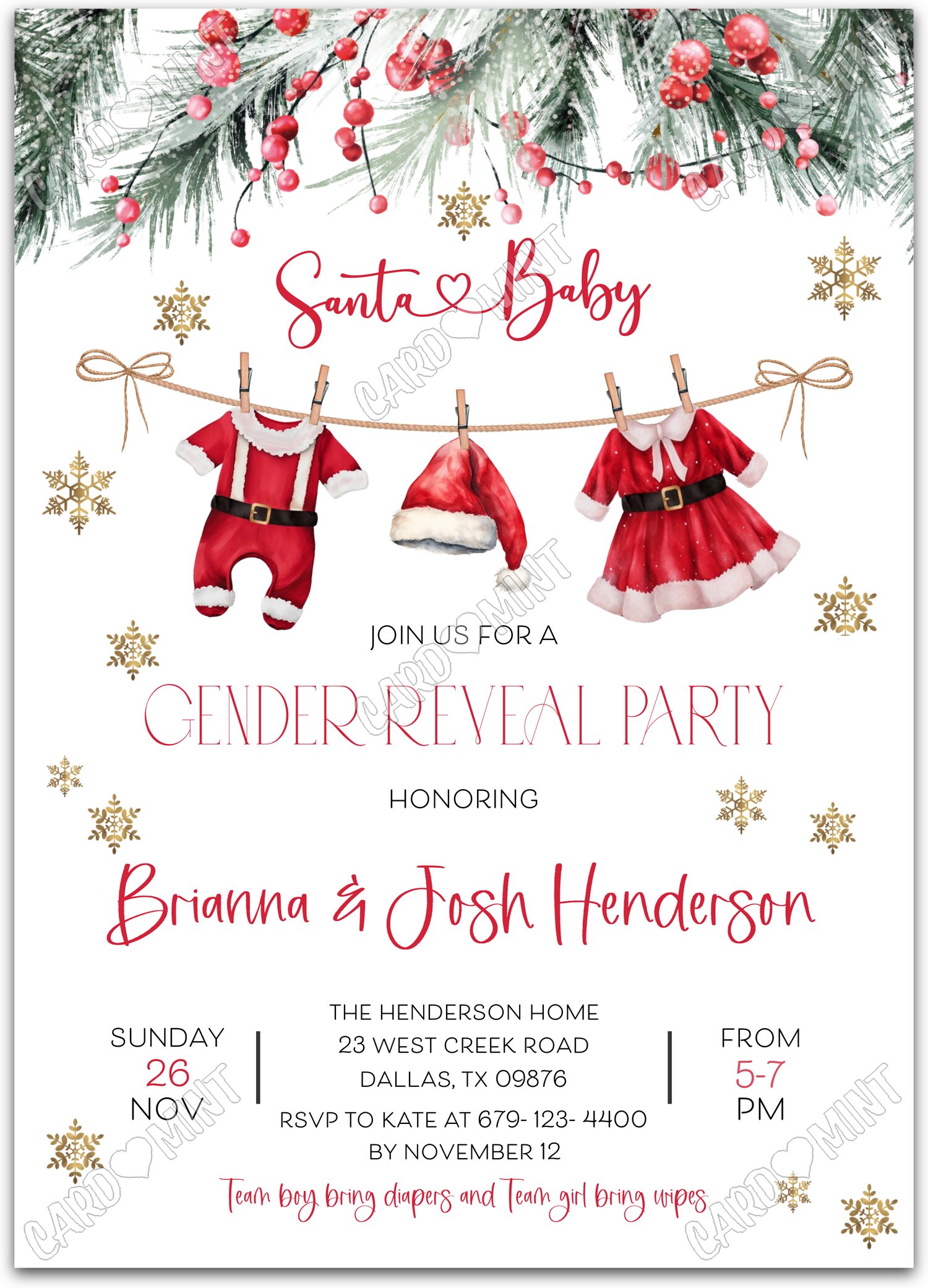 Editable Santa Baby white santa Christmas Gender Reveal 5"x7" Invitation EV1631