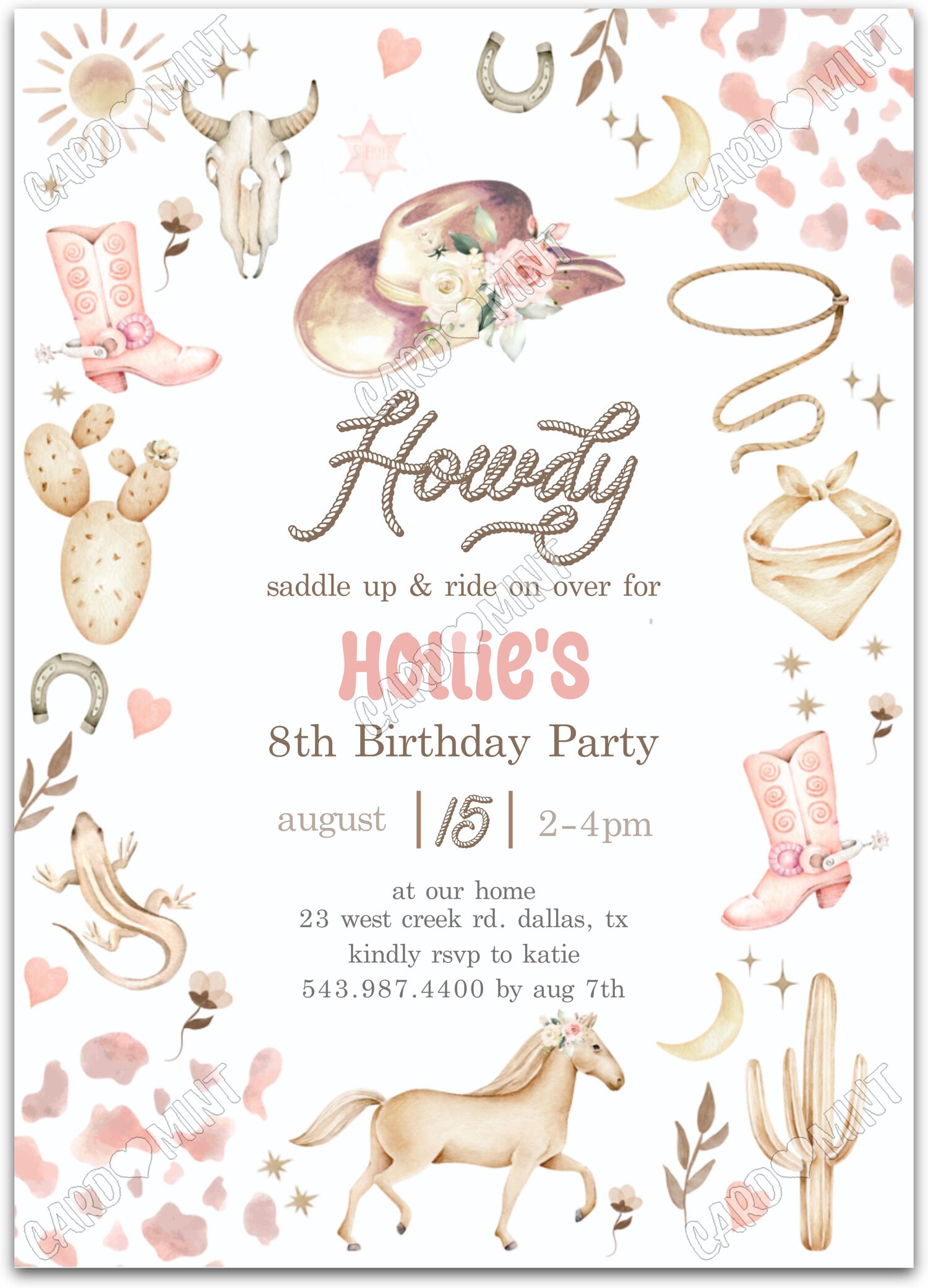 Editable Howdy Cowgirl white western attire girl Birthday Party 5"x7" Invitation EV1633